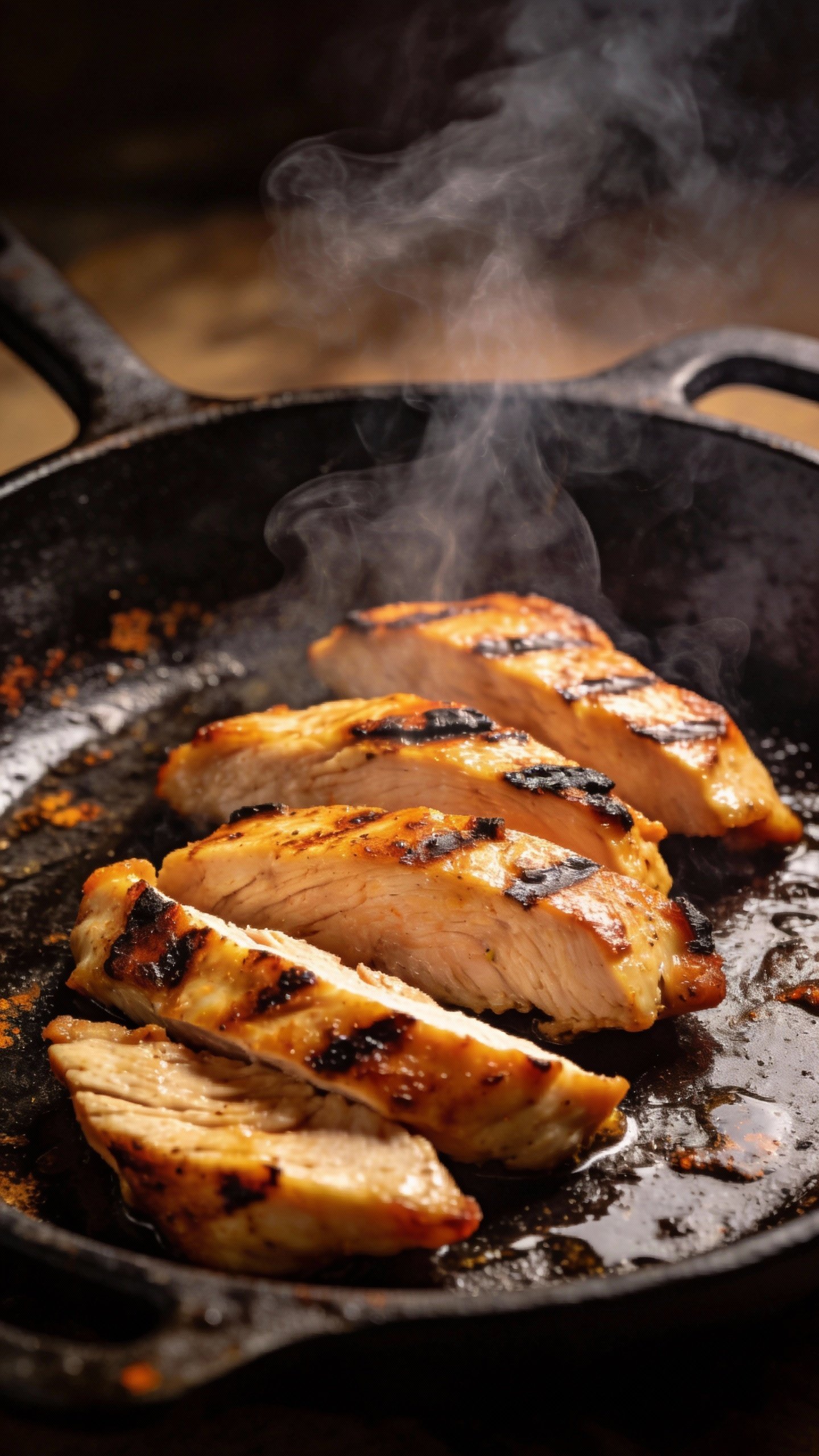 grilled fajita chicken breast slices on cast-iron, smoky steam