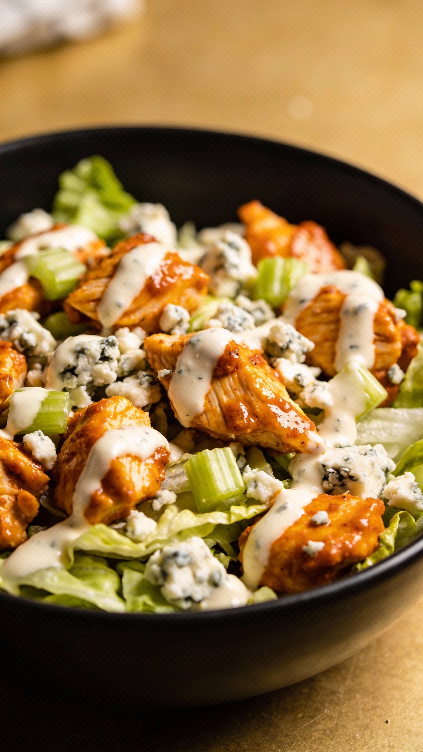closeup buffalo ranch chicken salad in matte black bowl