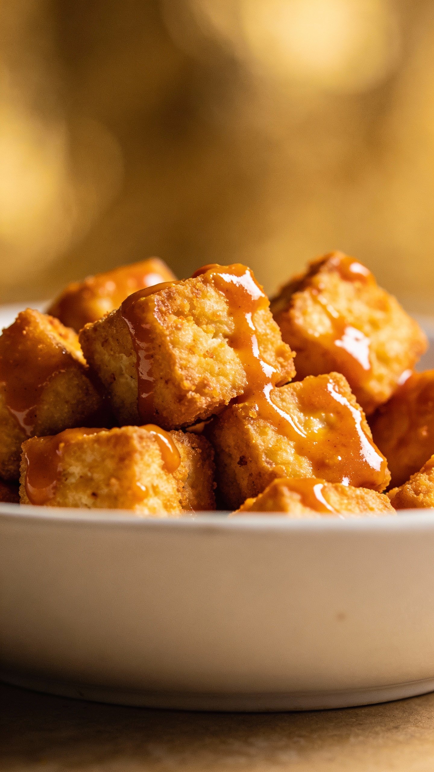 crispy tofu tossed in buffalo sauce on white ceramic plate