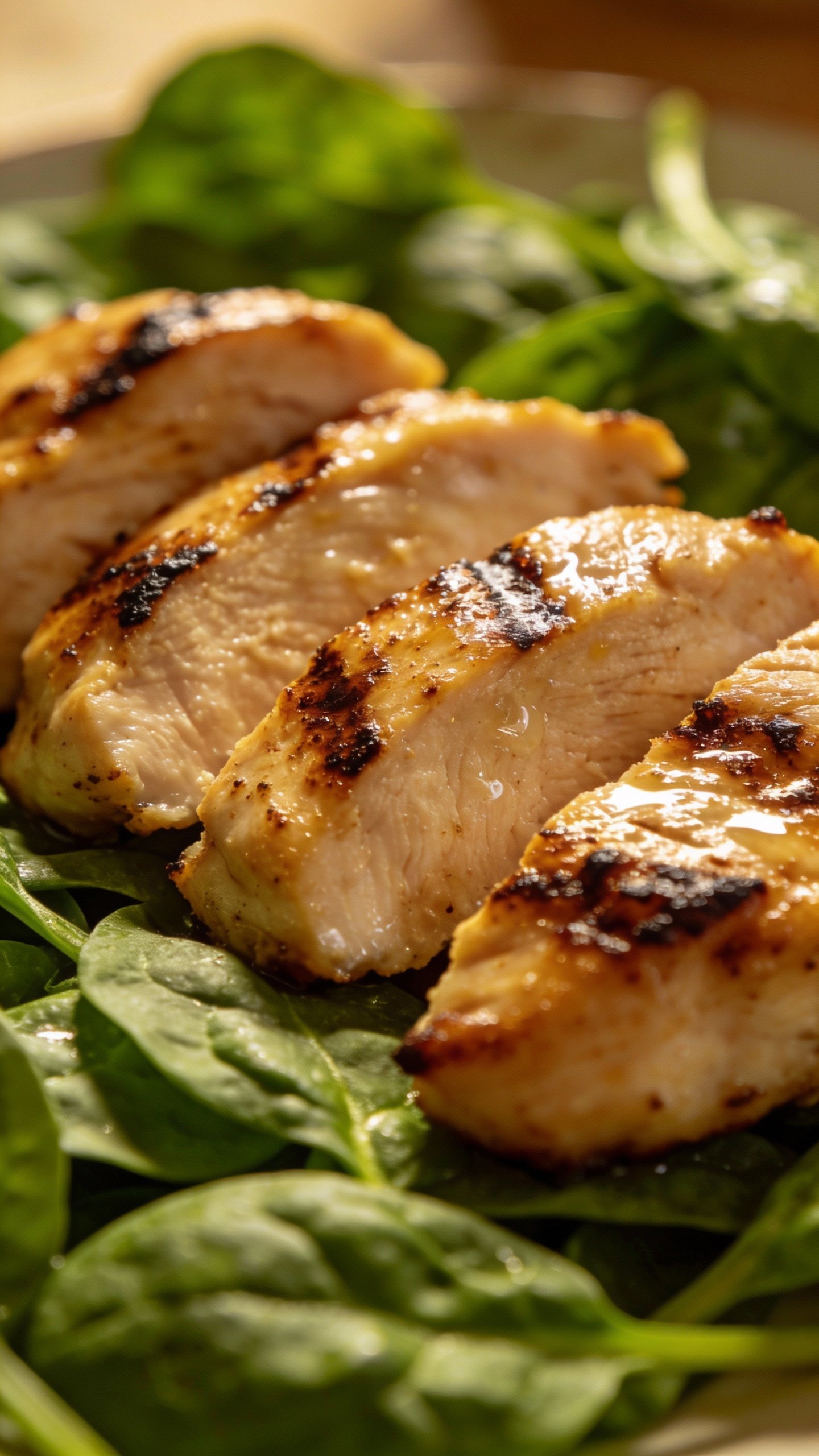 closeup grilled chicken breast slices on baby spinach