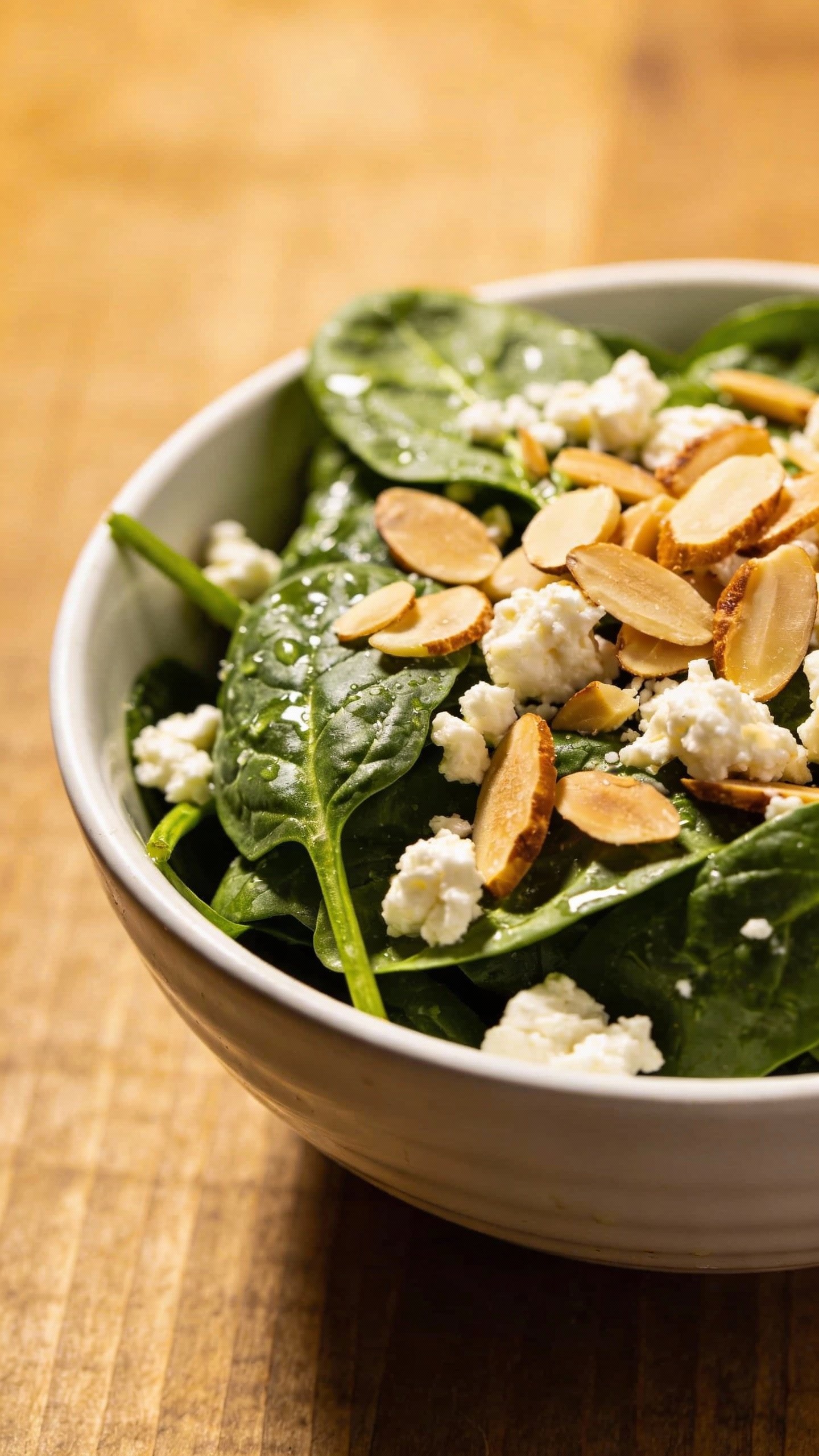 single bowl of spinach salad with feta and almonds