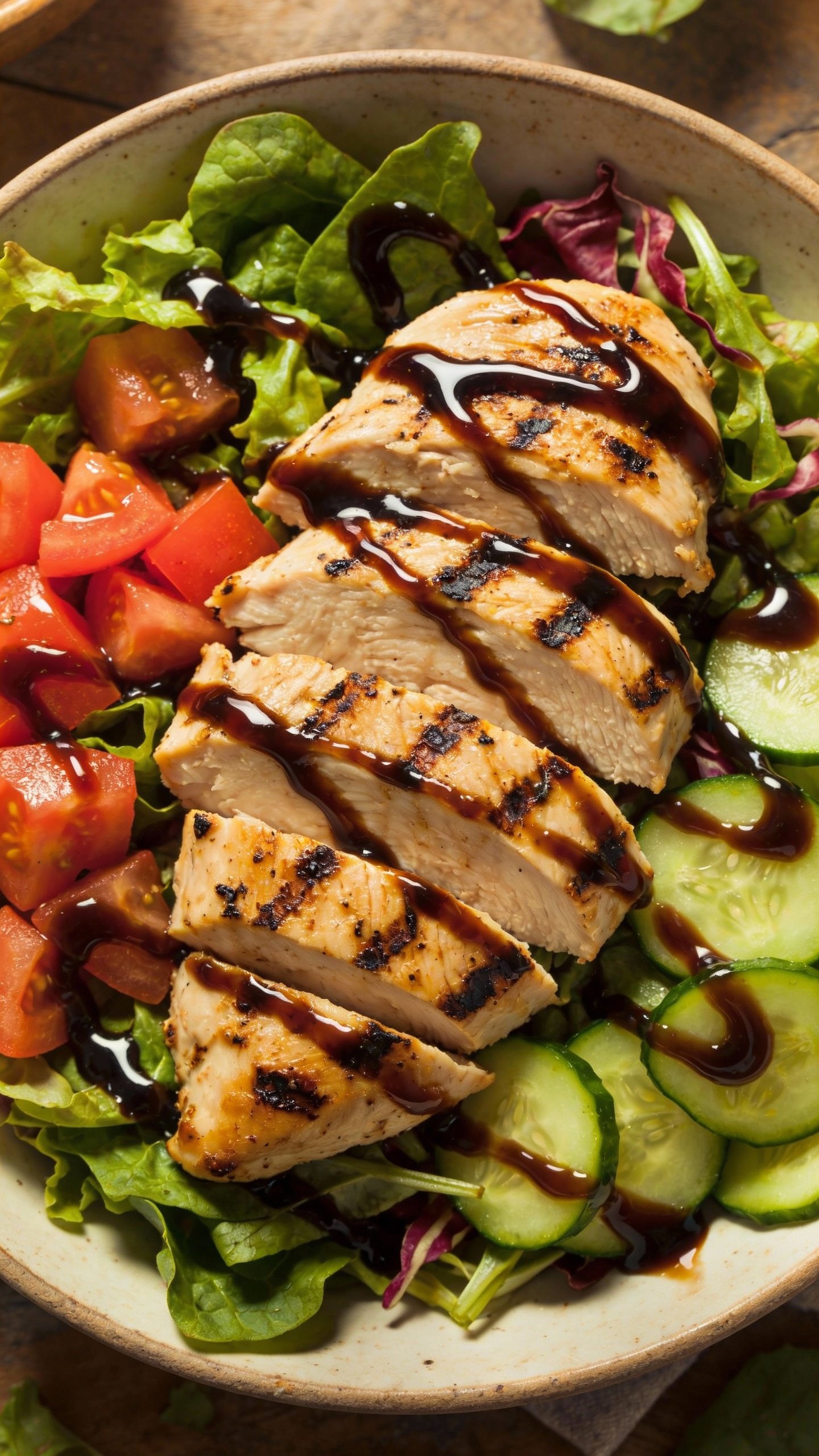 overhead shot of balsamic-drizzled grilled chicken salad
