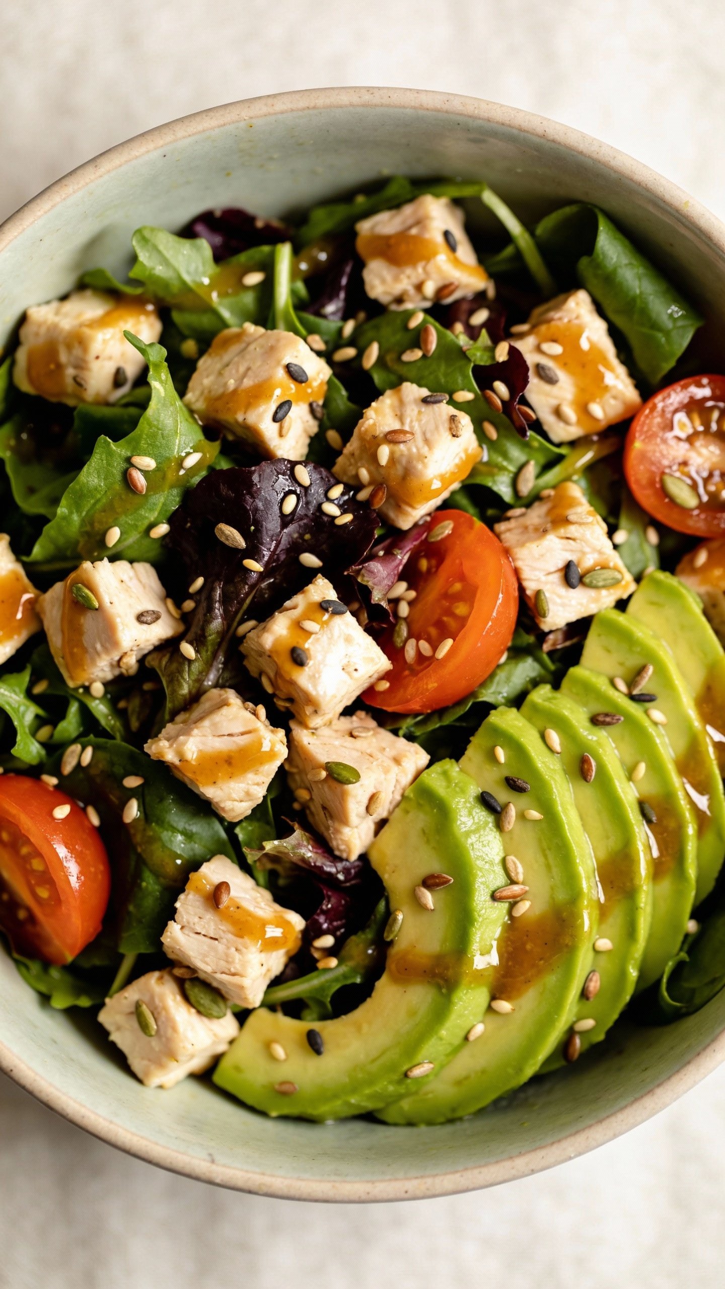 Closeup bowl of avocado chicken power salad, overhead