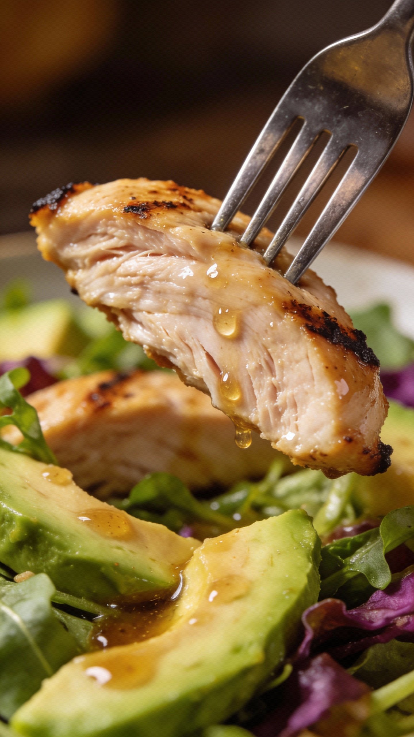 Fork lifting juicy chicken breast over avocado salad, macro