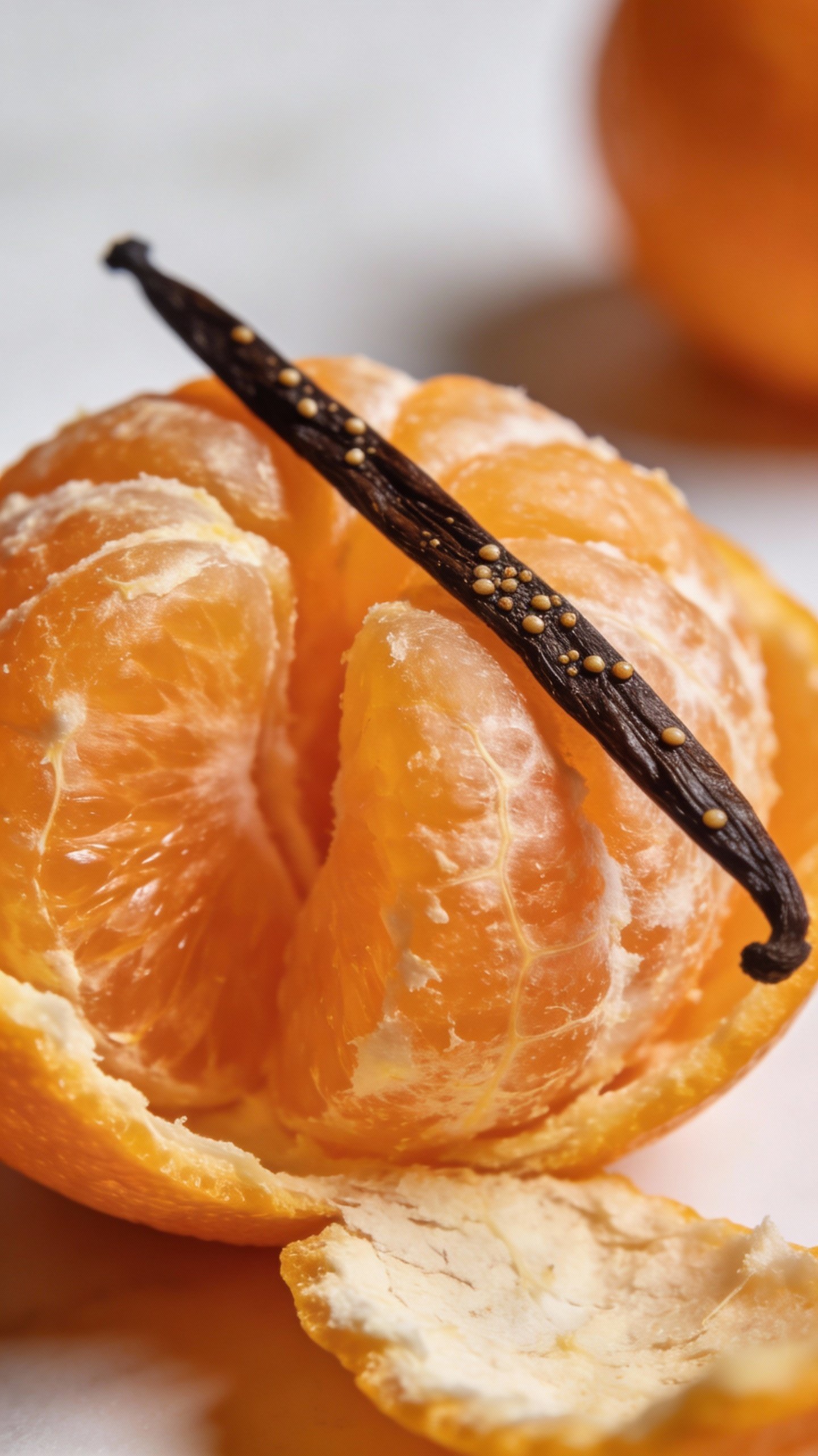 single peeled navel orange half with vanilla bean, macro