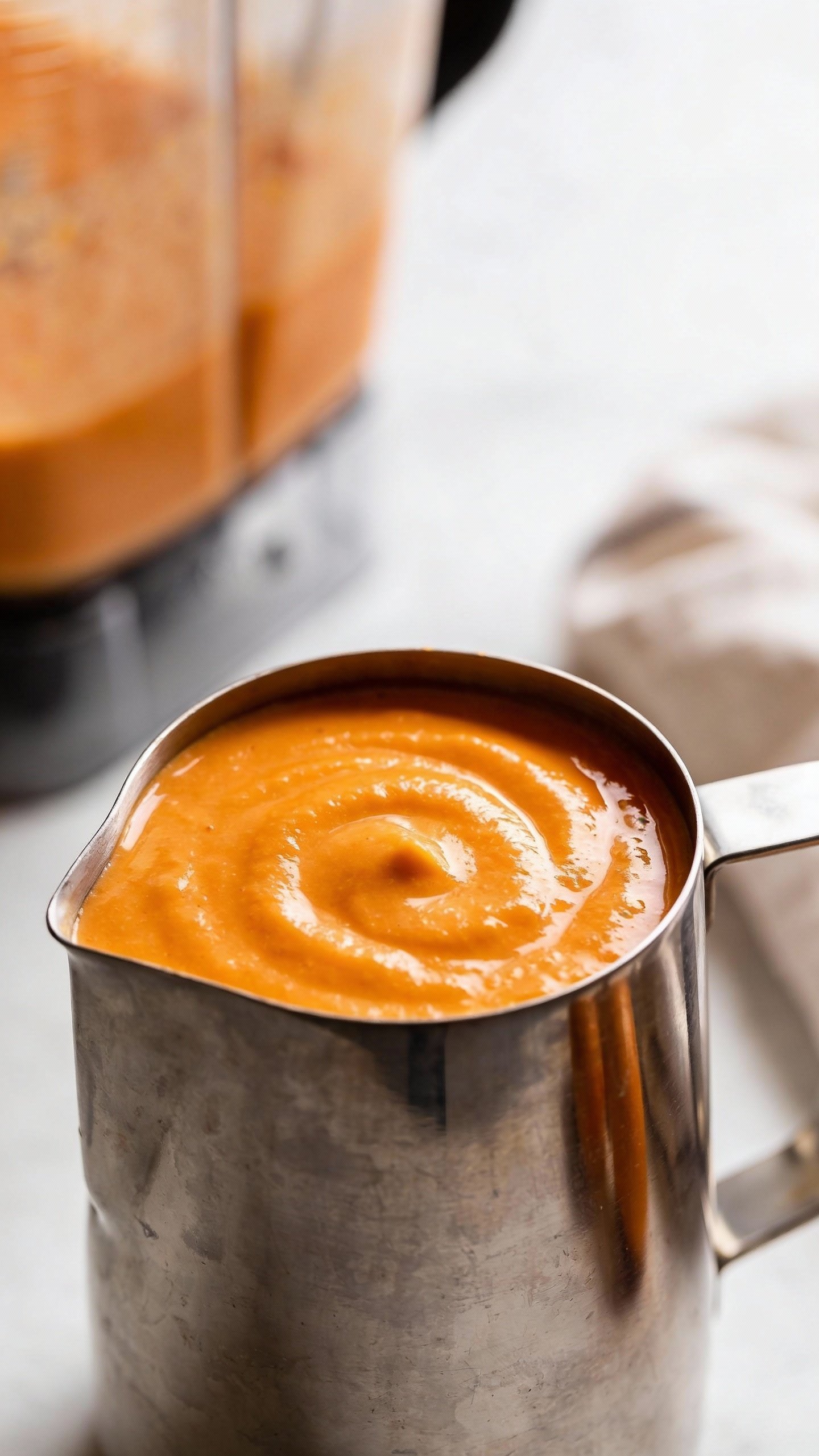stainless blender jar with creamy orange smoothie, closeup