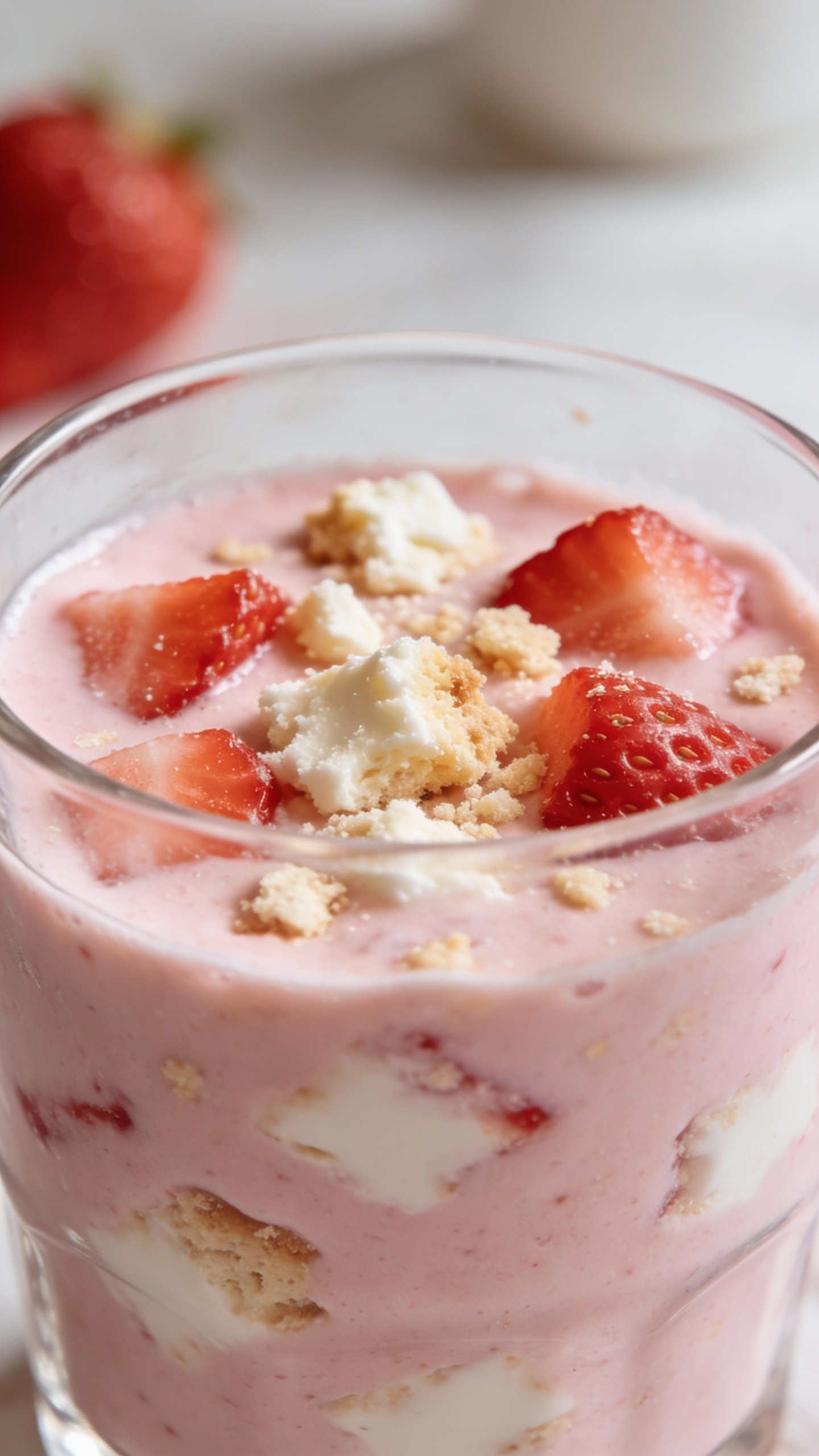 closeup strawberry cheesecake breakfast smoothie in clear glass