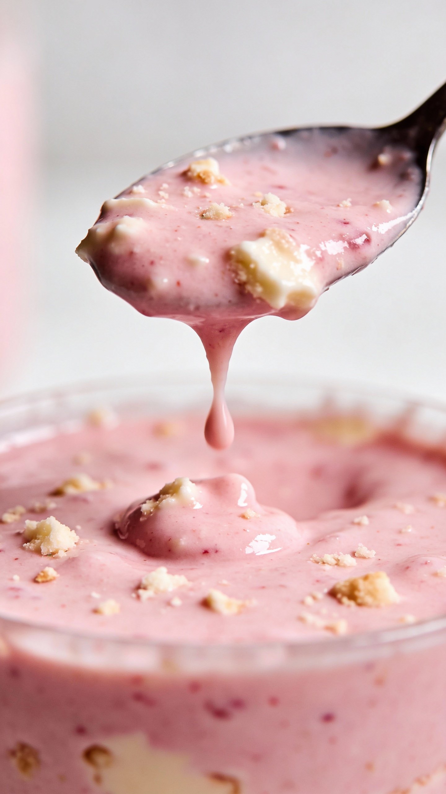 spoonful of pink cheesecake smoothie dripping, studio lighting