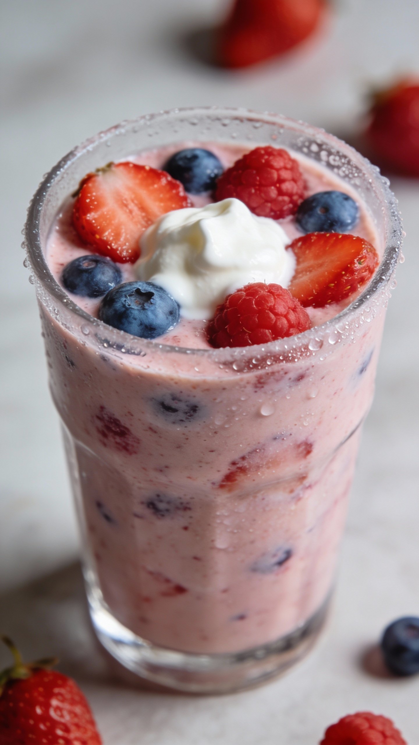 closeup mixed berry Greek yogurt smoothie in clear glass