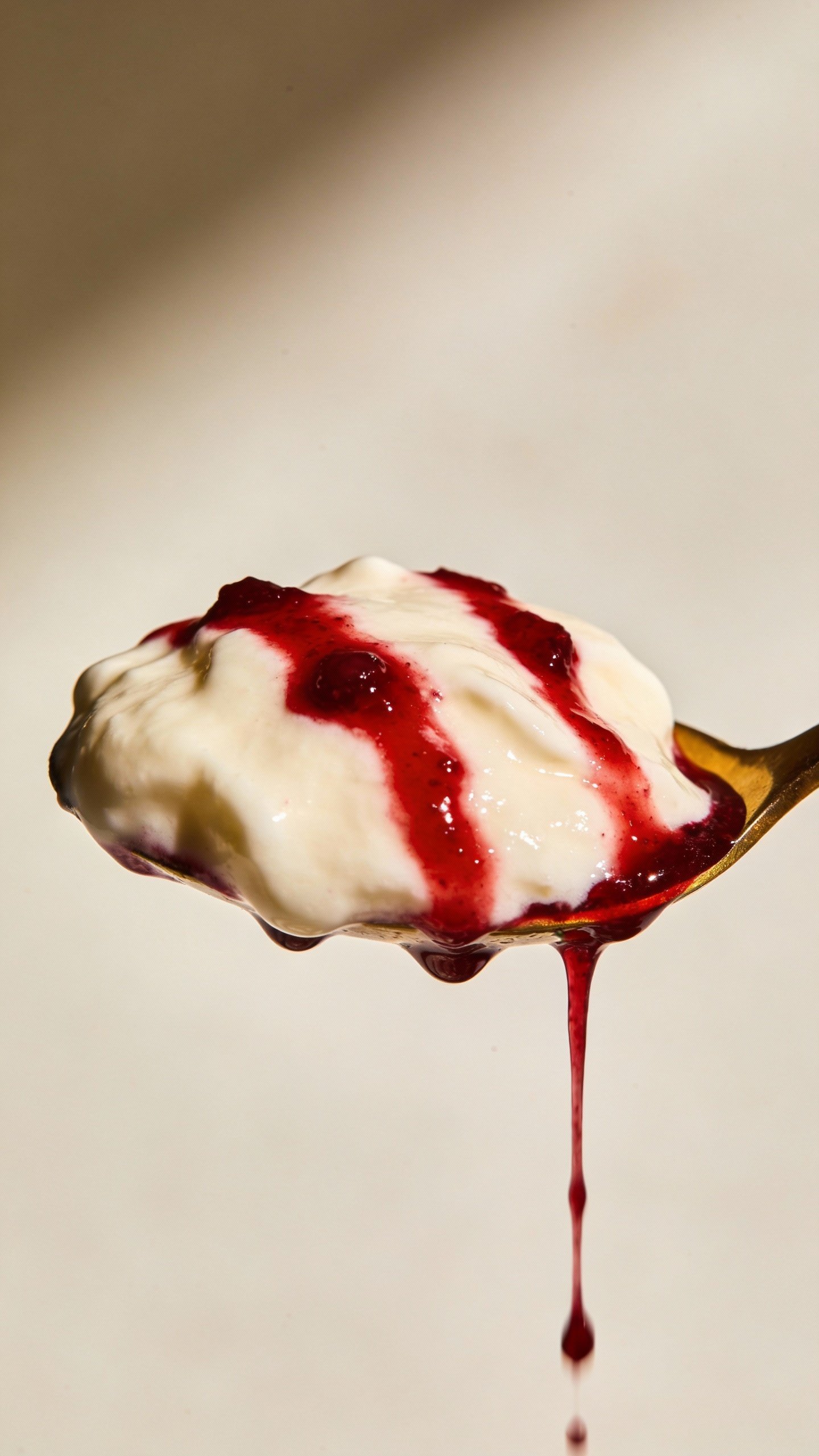 spoonful of thick Greek yogurt drizzled with berry puree
