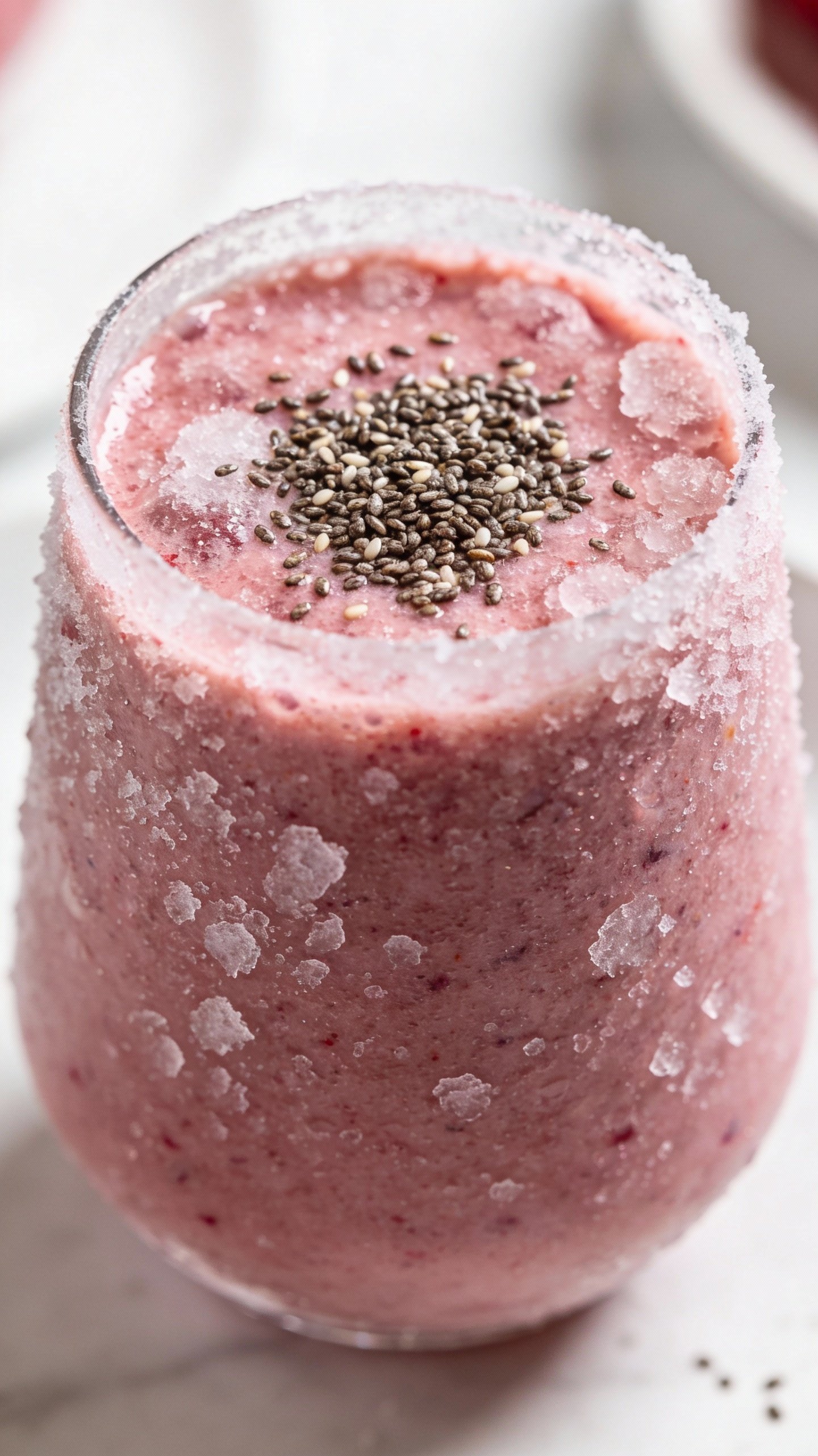 single frosty berry smoothie topped with chia seeds