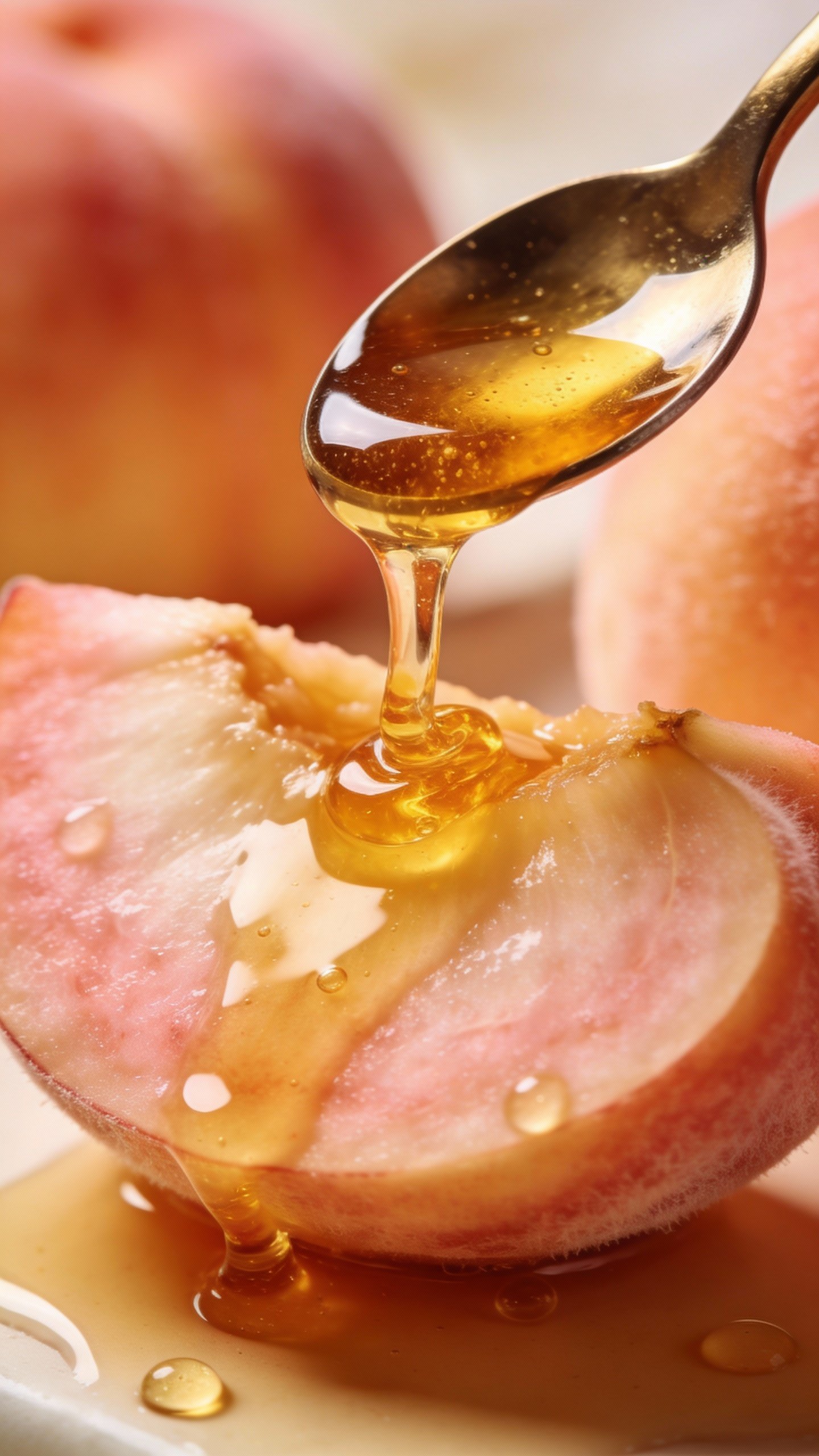 spoon drizzle of golden honey over peach slice, macro shot