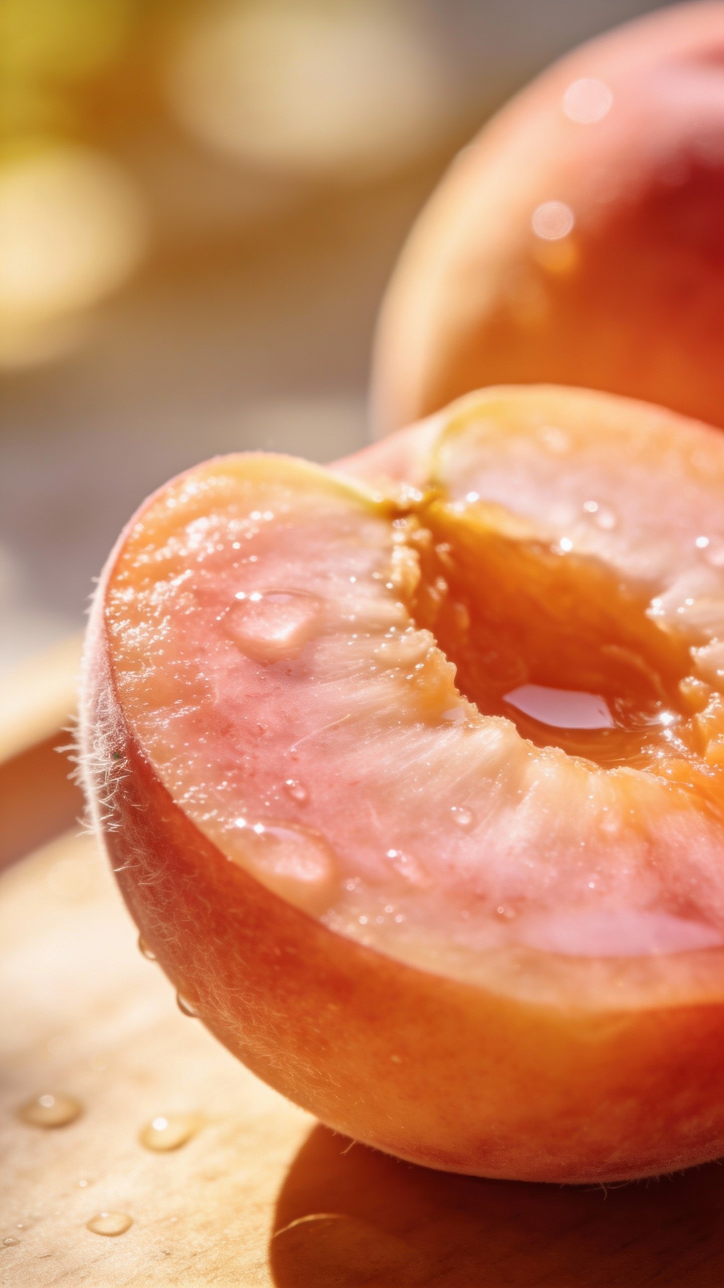 ripe peach half with visible juice droplets, soft morning light