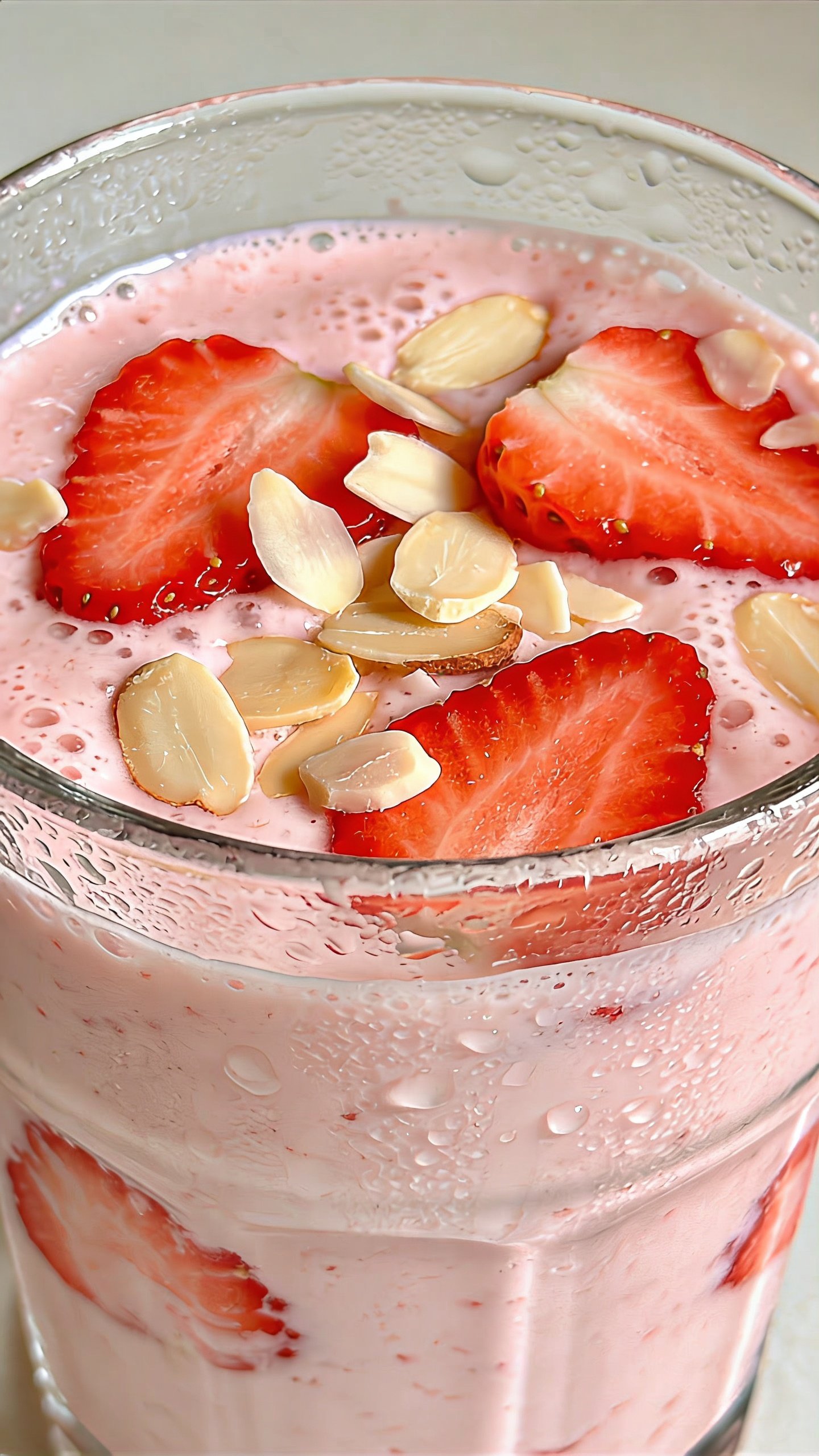 closeup strawberry almond milk smoothie in clear glass, condensation