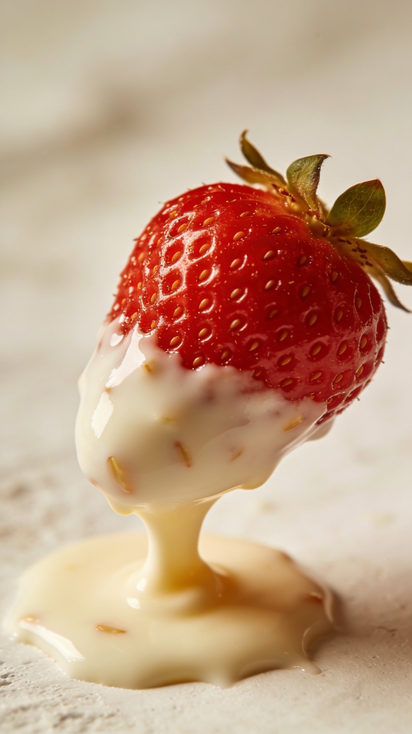 single ripe strawberry dipped in almond milk, macro shot