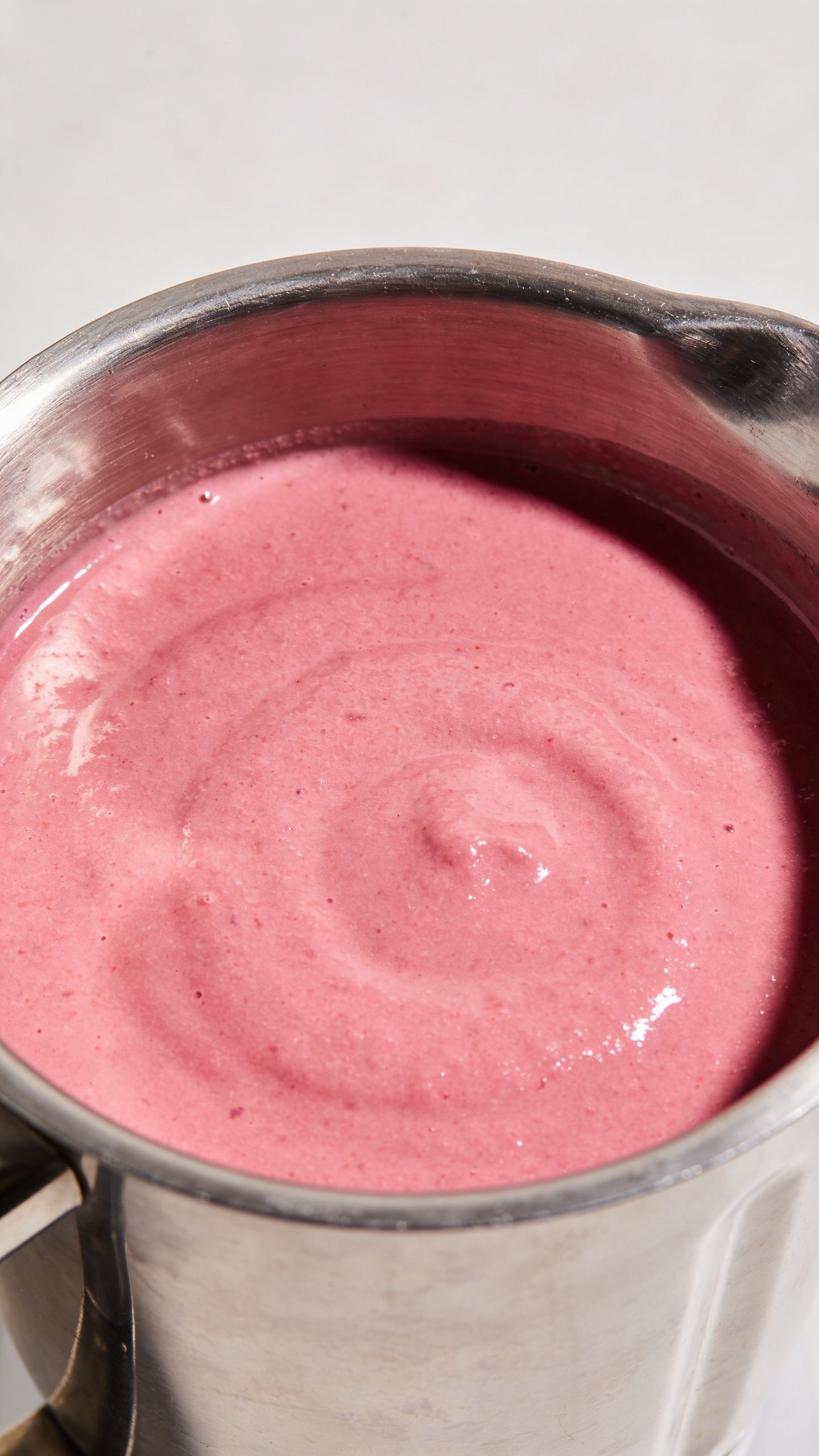 stainless blender cup filled with pink smoothie, overhead closeup