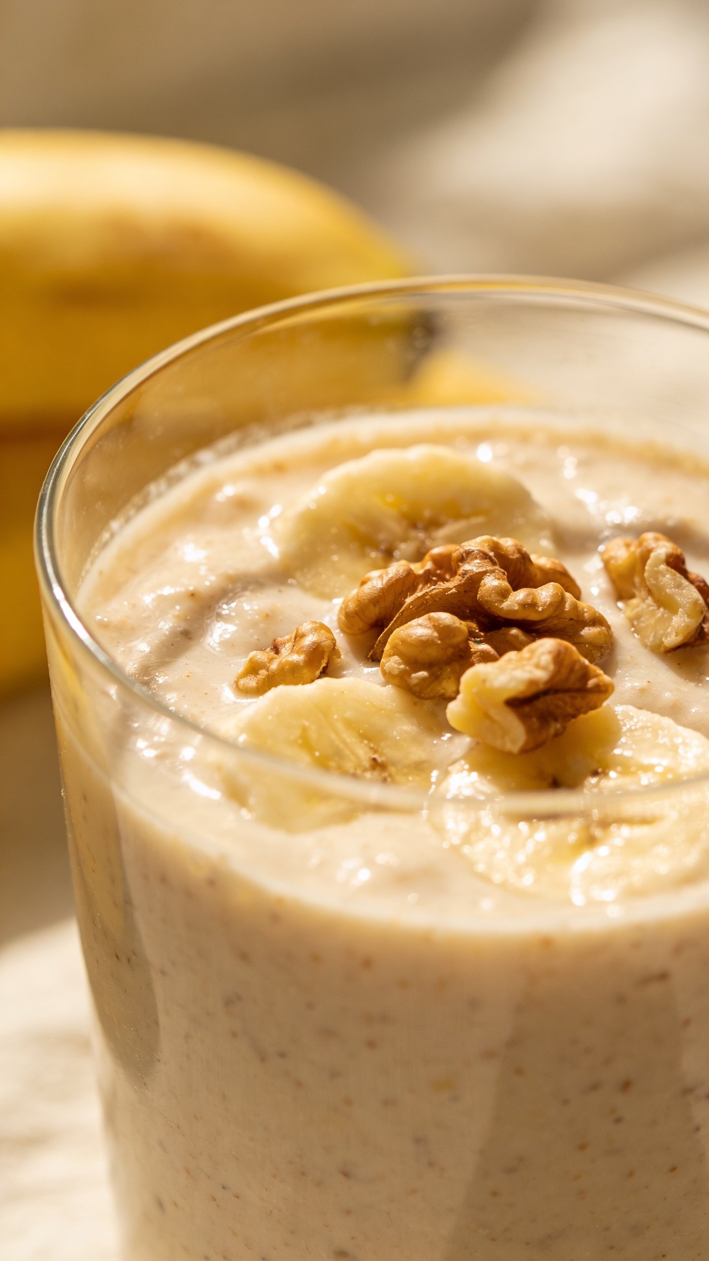 closeup banana walnut smoothie in clear glass, soft morning light