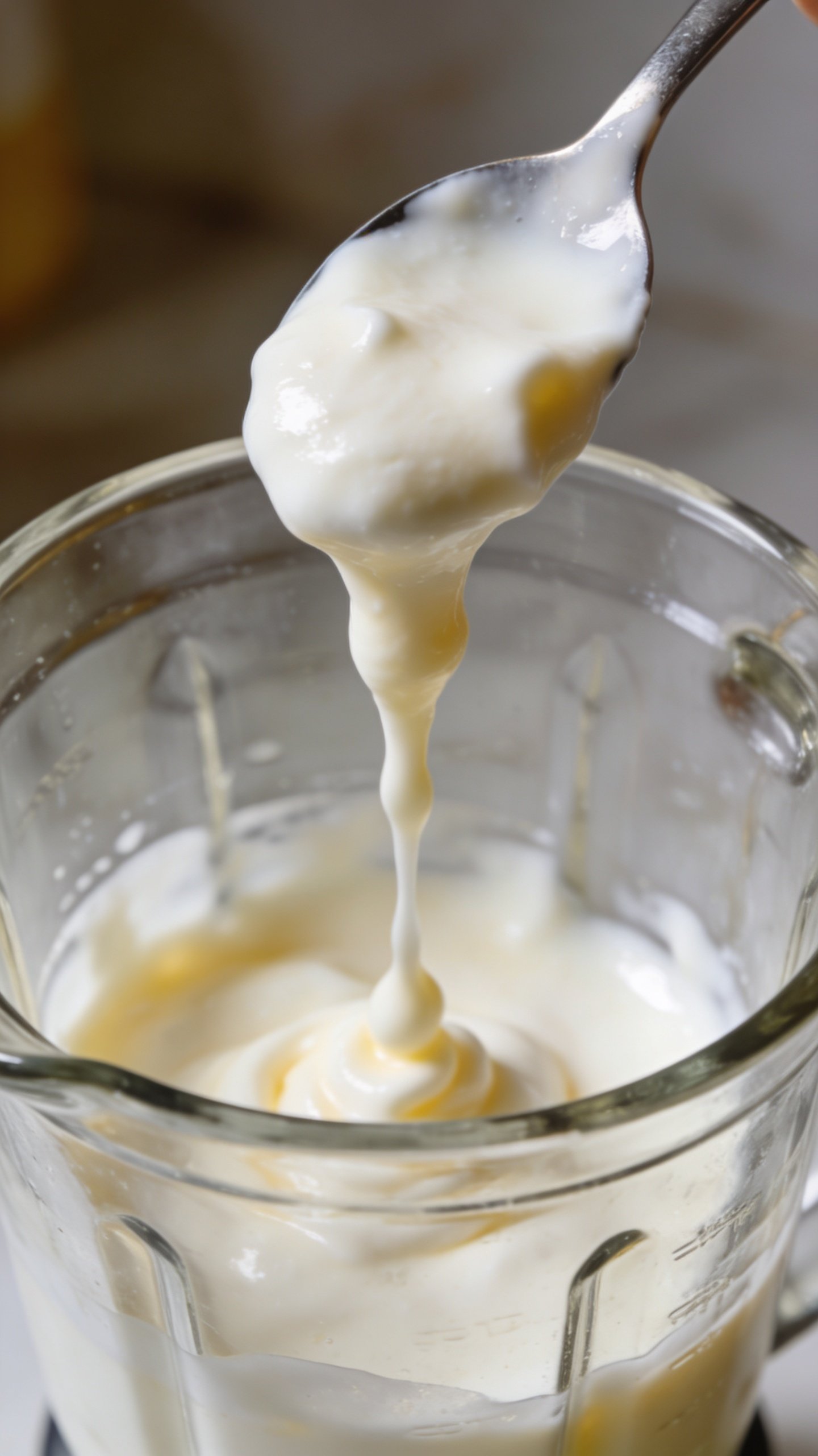 spoonful of thick yogurt dripping into blender jar, macro shot