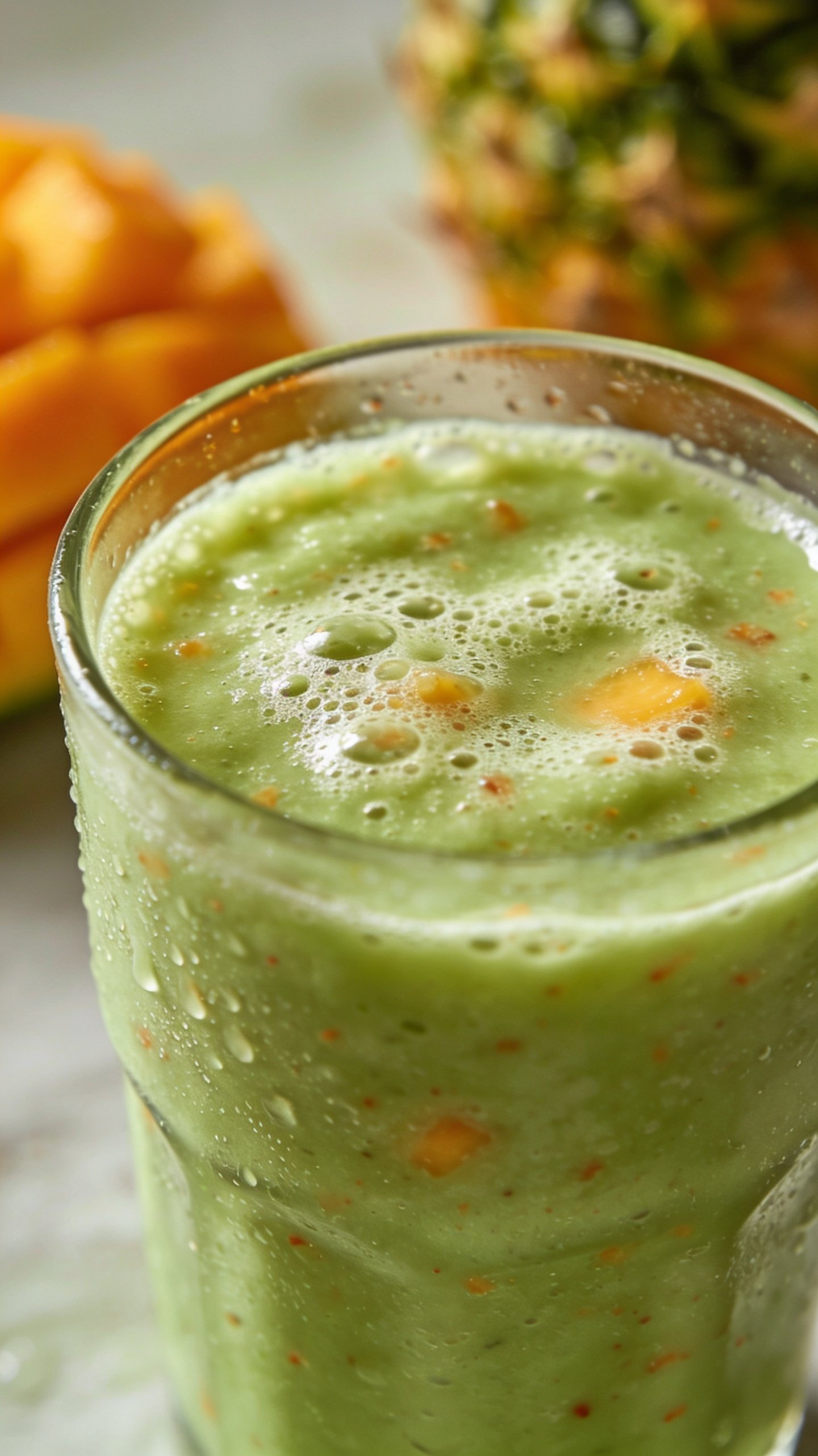 closeup green pineapple mango smoothie in clear glass