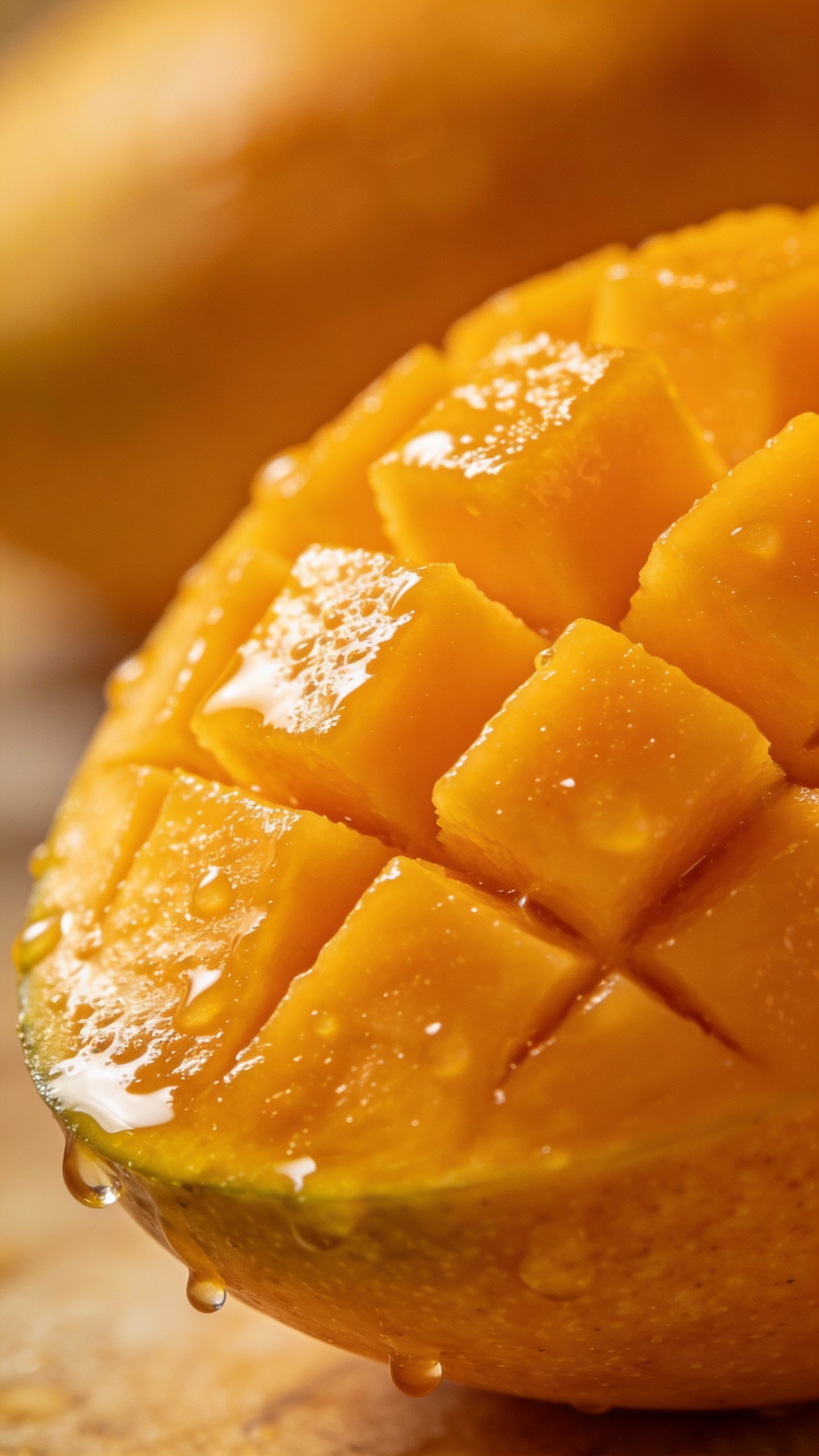 single ripe mango half with glistening cubes, macro