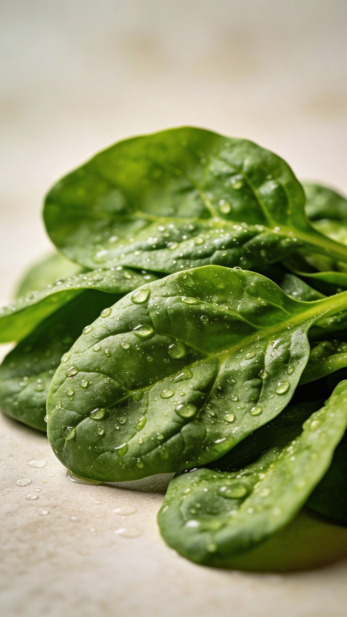 handful of fresh spinach leaves, dewy, studio closeup