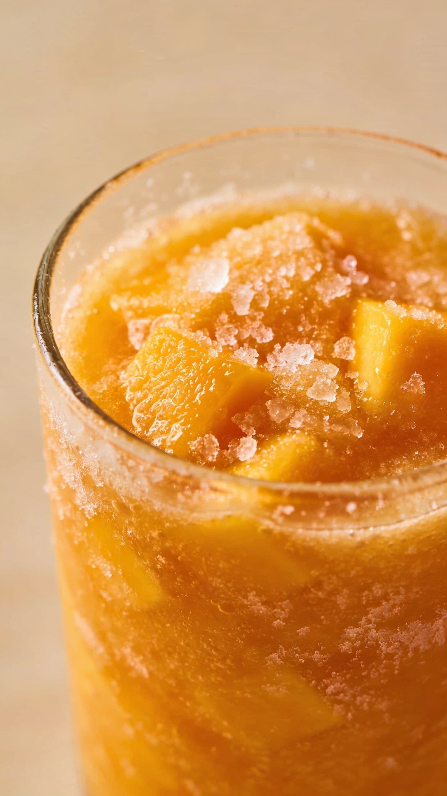 frosty orange mango smoothie in a clear glass, closeup