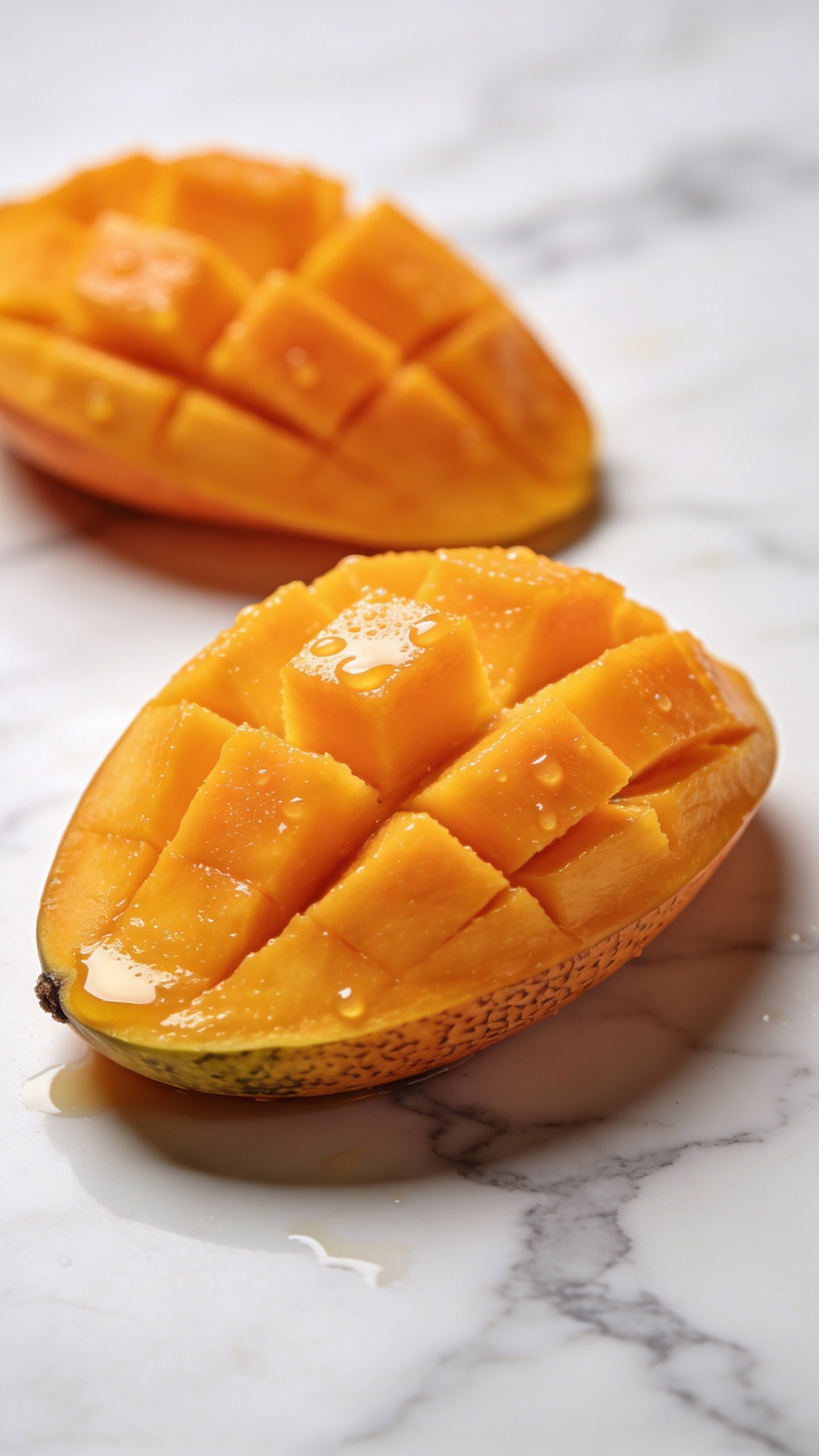 closeup of sliced ripe mango on white marble