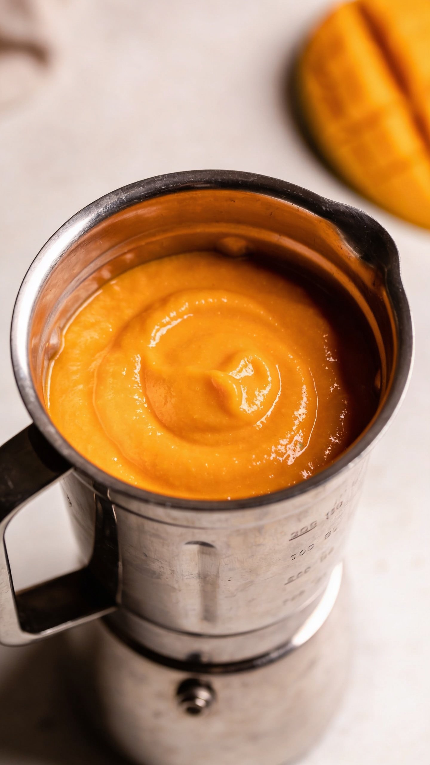 stainless blender jar with orange mango puree, overhead closeup