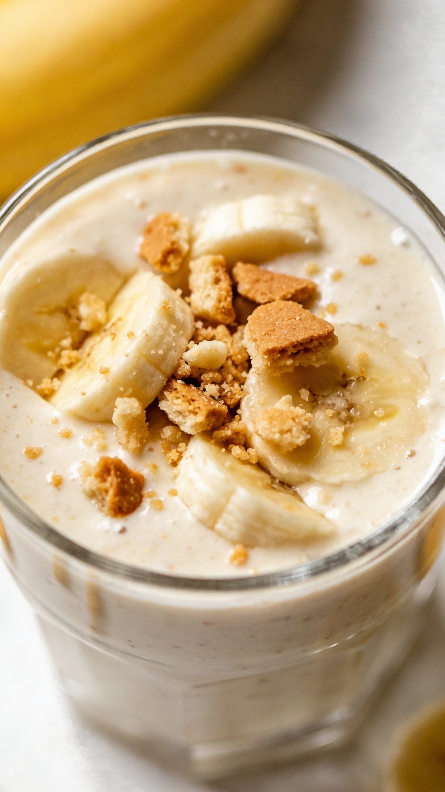 closeup banana cream pie breakfast smoothie in clear glass, overhead