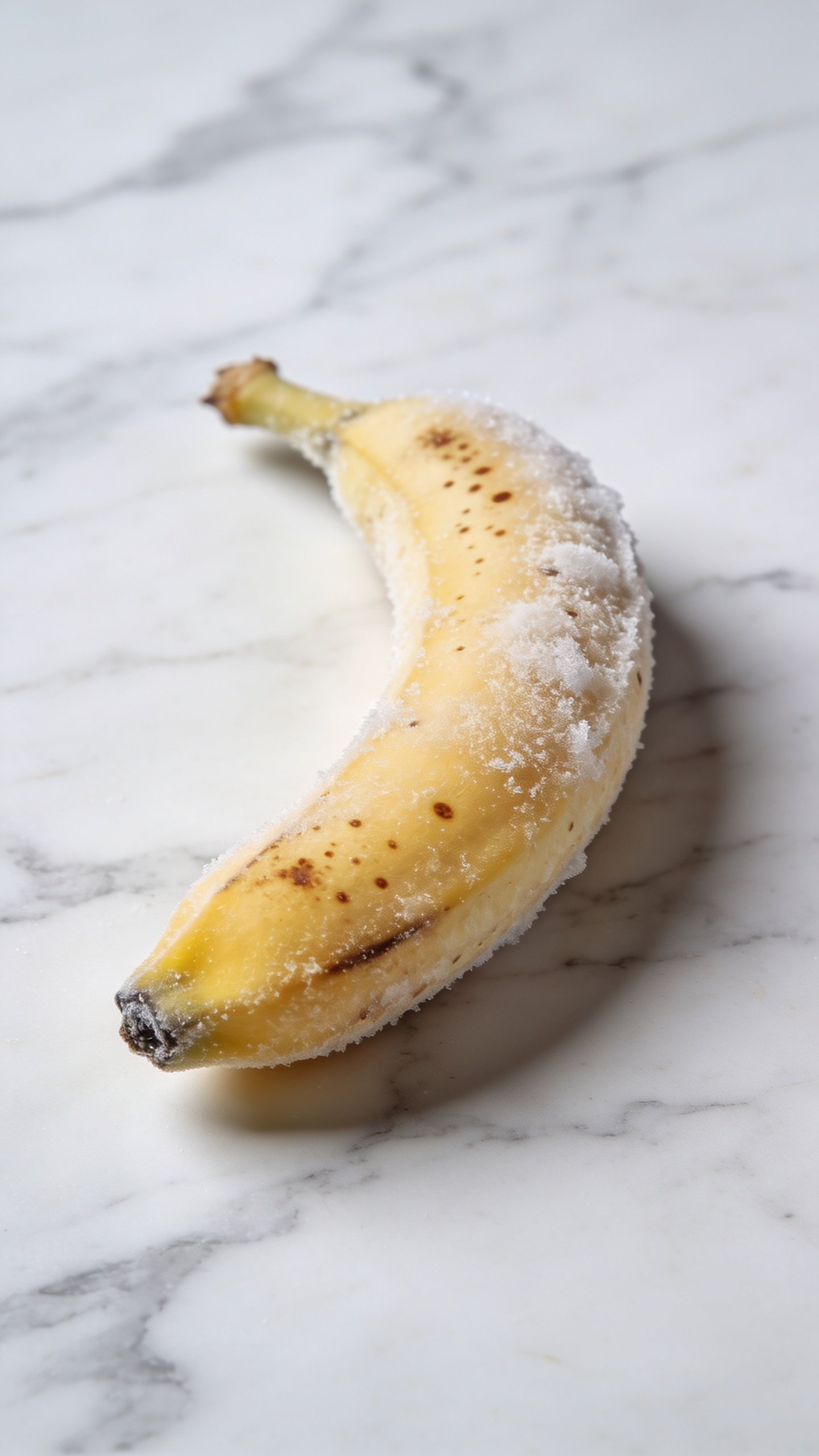 single frozen ripe banana with freckles on marble countertop, closeup