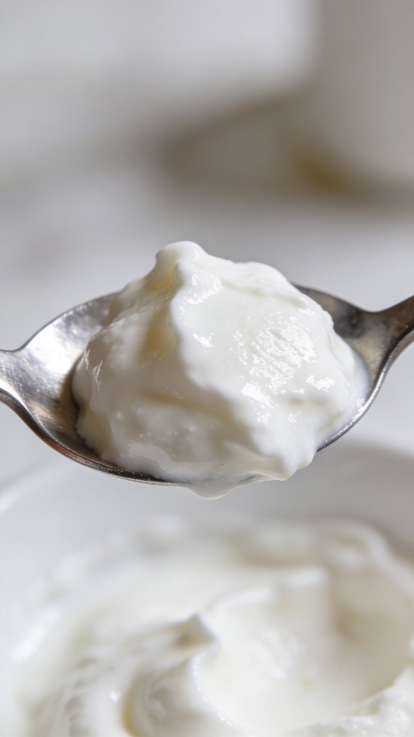 dollop of Greek yogurt on spoon, soft natural light, macro