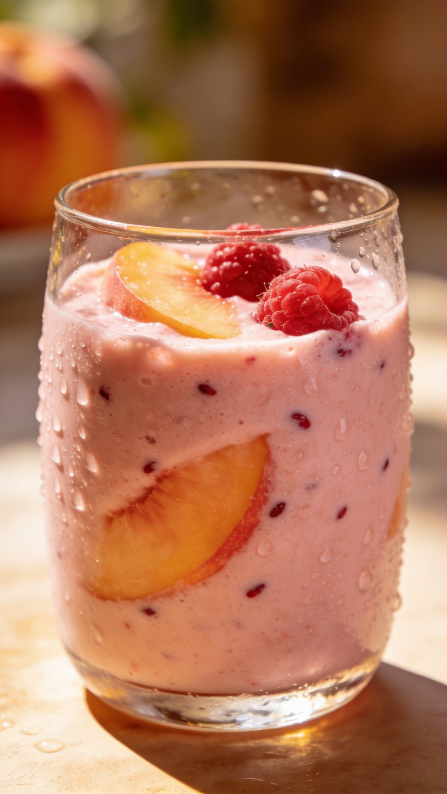 closeup peach raspberry smoothie in clear glass, soft daylight