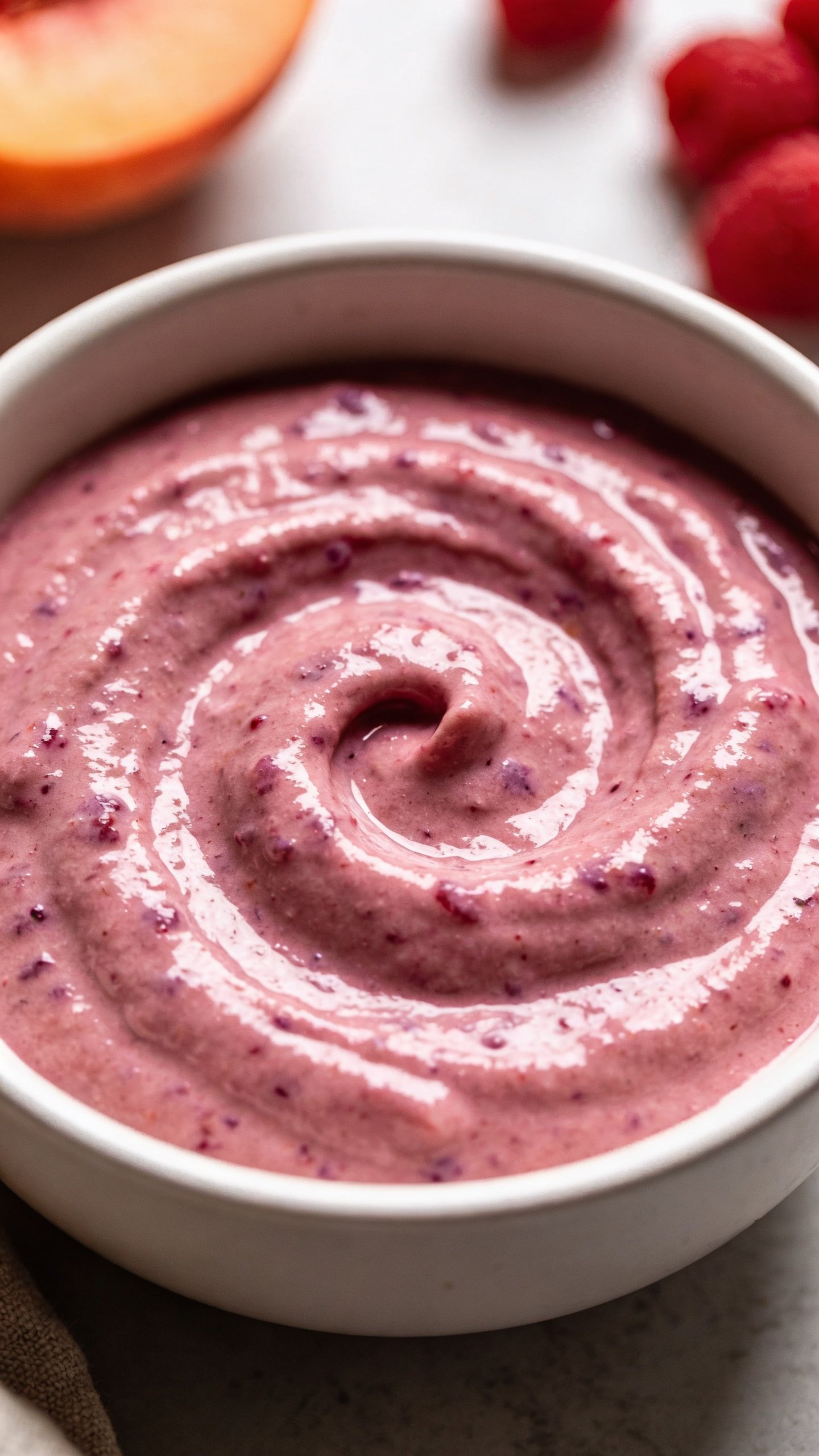 overhead shot of thick peach-raspberry smoothie swirl in bowl