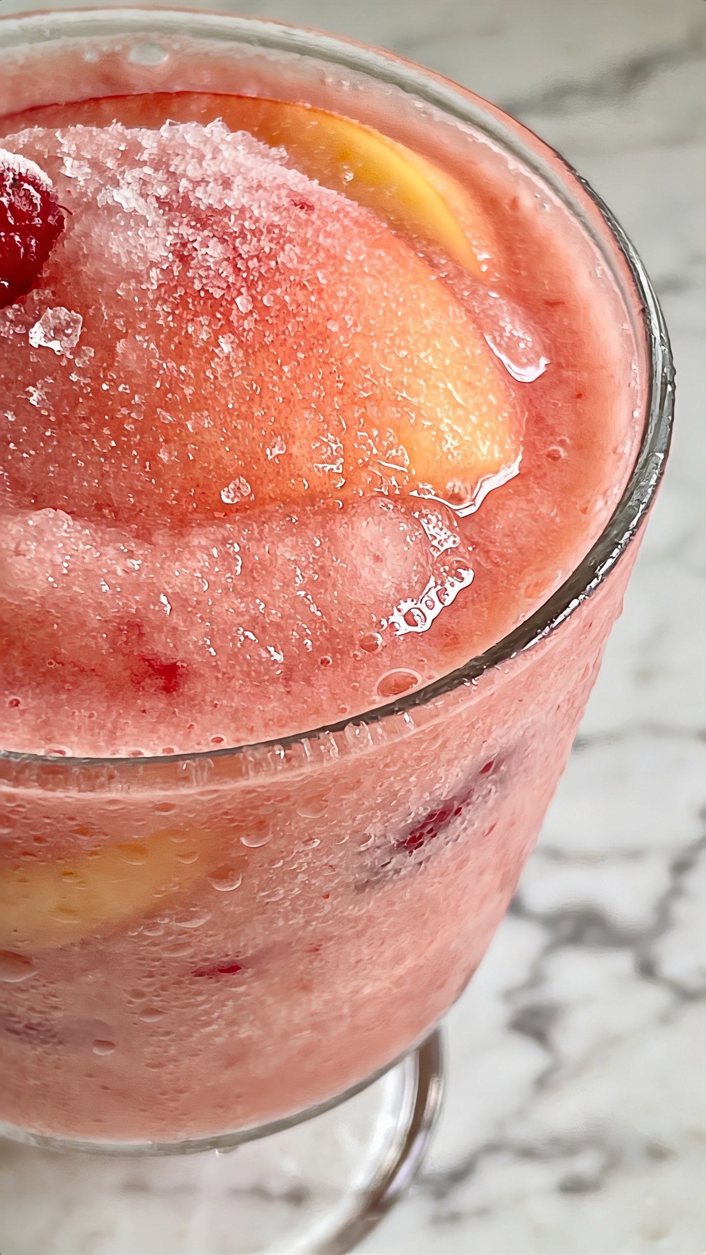 macro of frosty peach-raspberry smoothie on marble counter