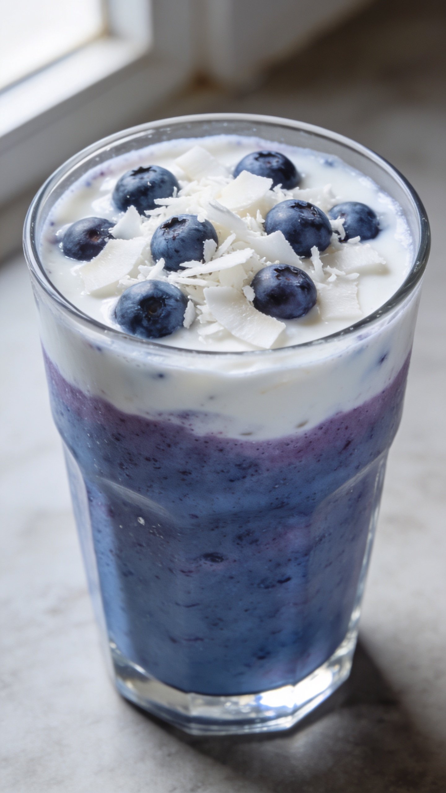 closeup blueberry coconut smoothie in clear glass, soft window light
