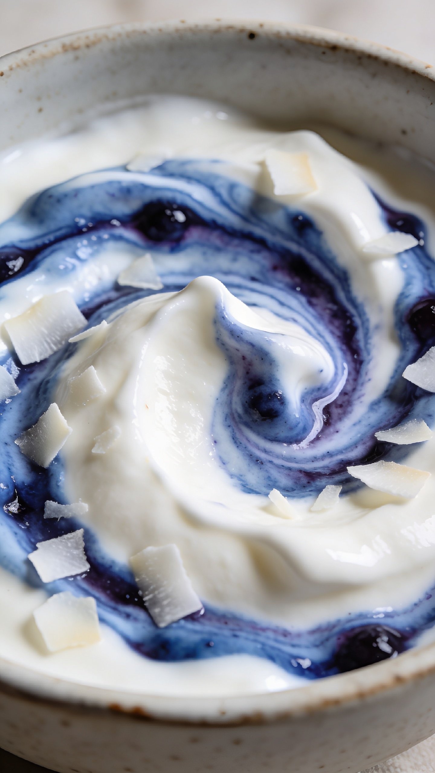 macro shot of blueberry-streaked coconut yogurt swirl in bowl