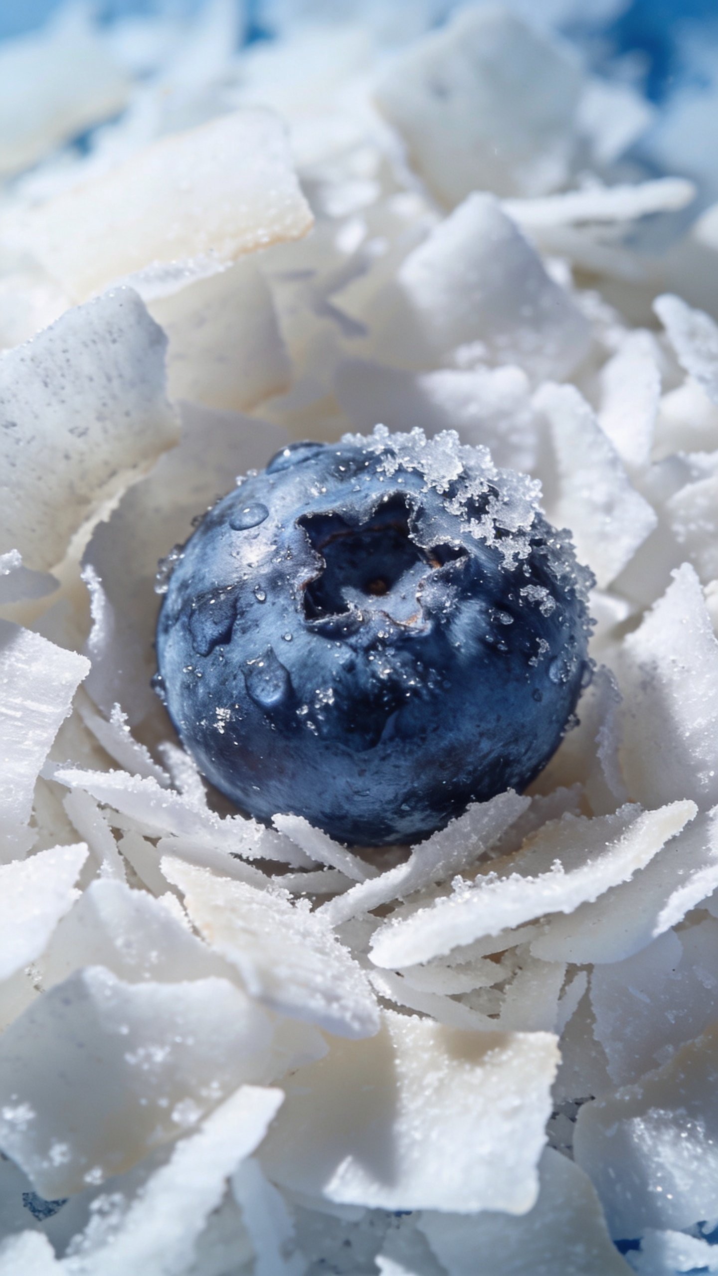 single frosty blueberry on coconut flakes, high-detail macro lighting