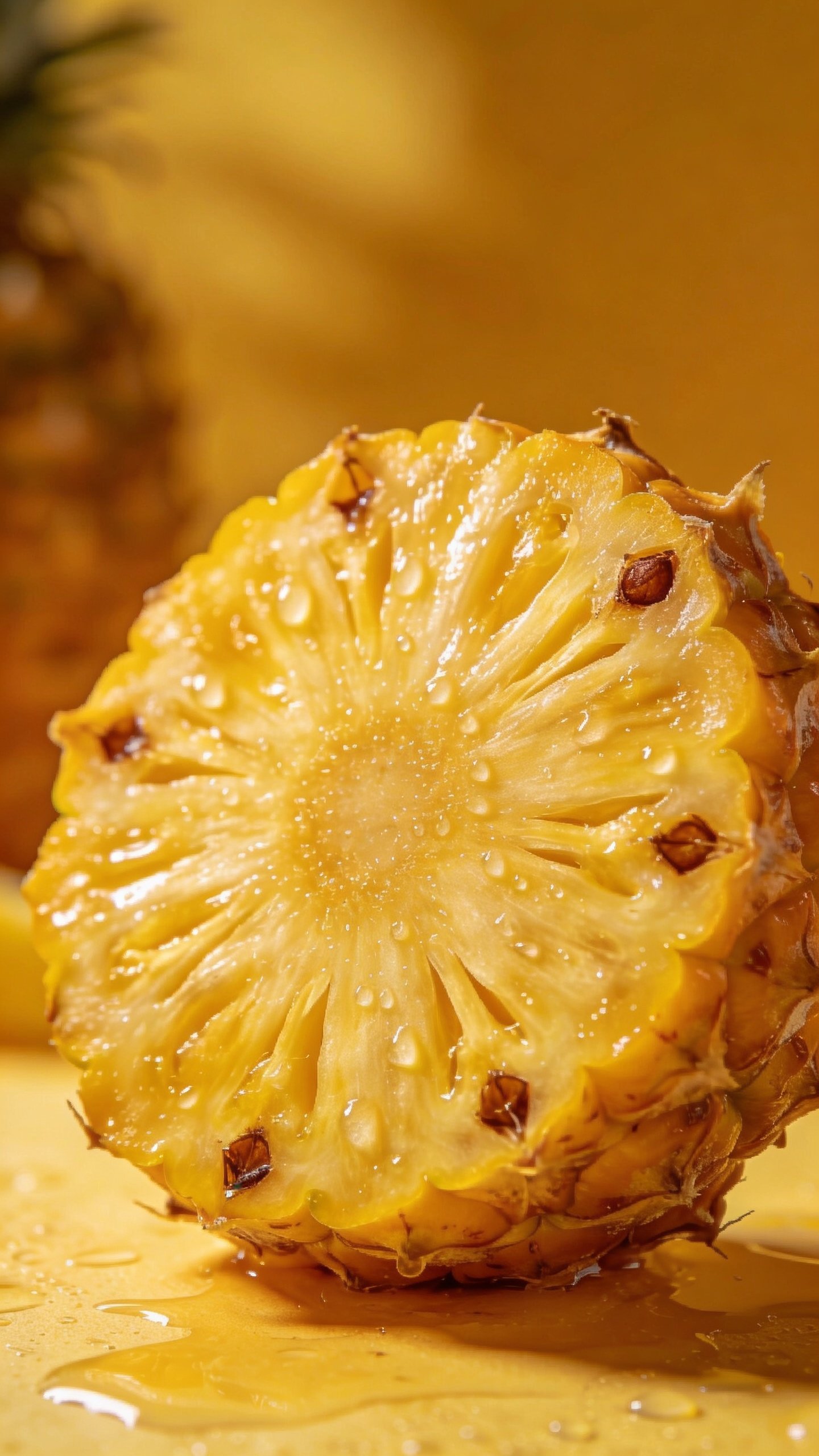 single ripe pineapple slice with condensation, bright studio lighting