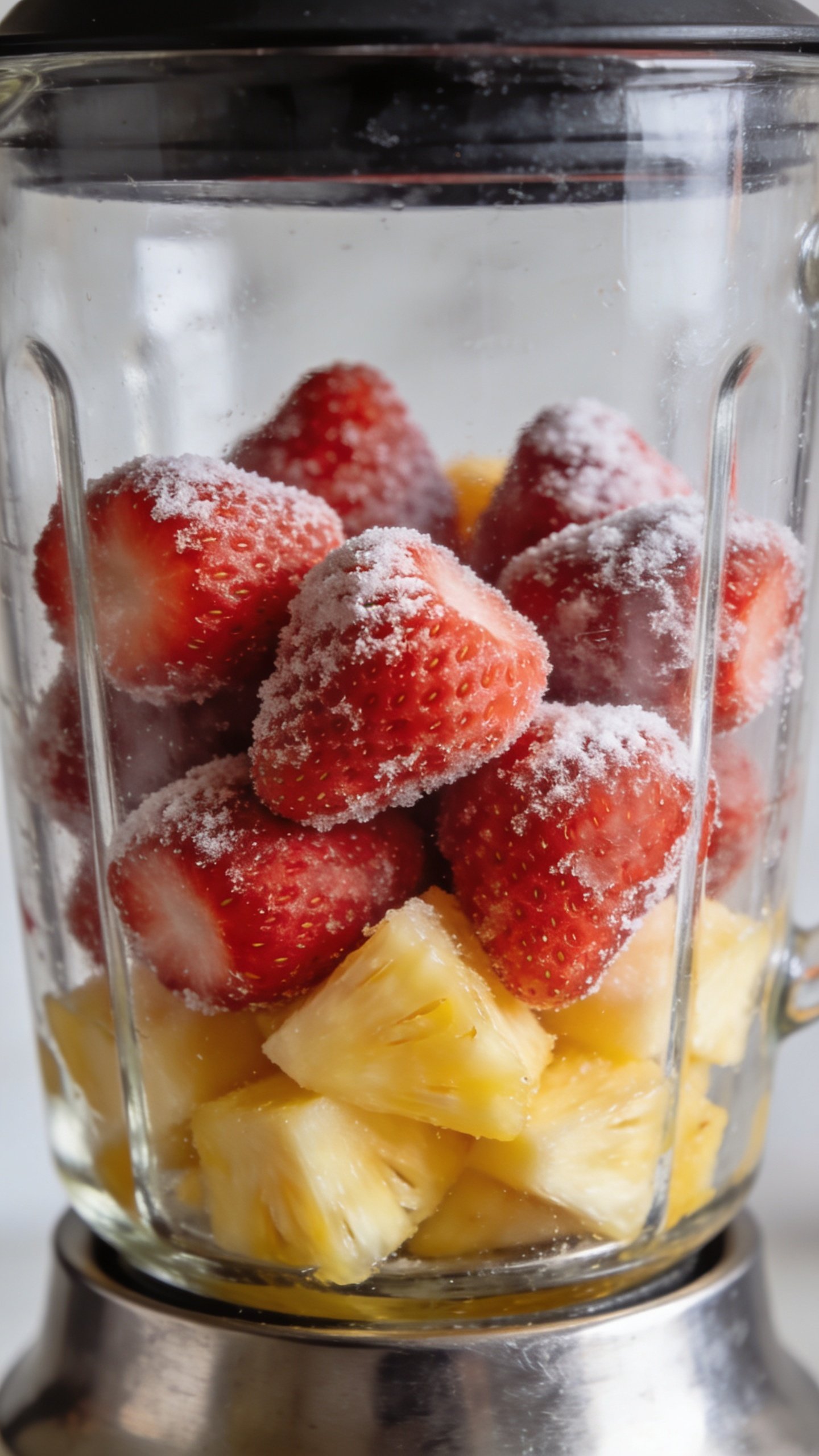 stainless blender jar filled with frozen strawberries and pineapple pieces