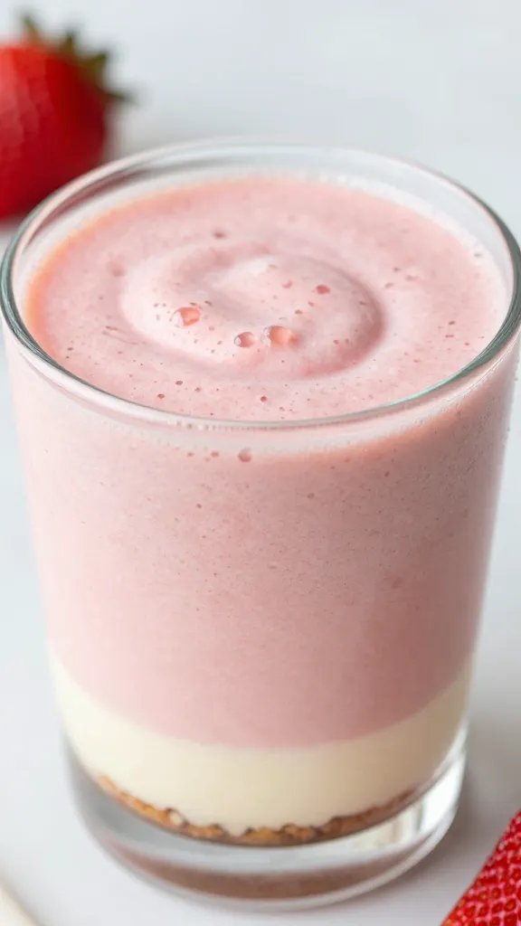 closeup strawberry cheesecake keto smoothie in clear glass, frosty