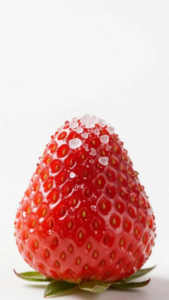 single fresh strawberry dipped in keto-friendly sweetener crystals