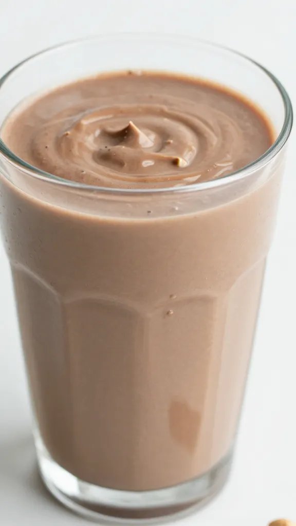 closeup keto chocolate peanut butter shake in frosted glass