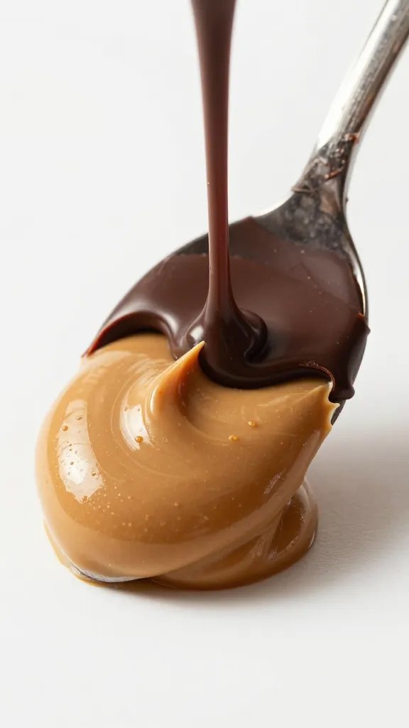 spoonful of creamy peanut butter drizzled with melted dark chocolate