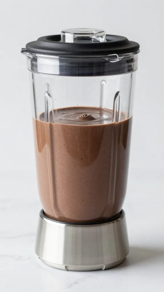stainless blender jar filled with silky chocolate keto shake