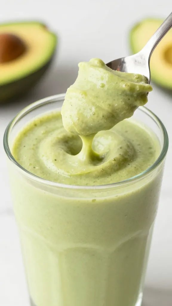 spoon scooping thick avocado vanilla smoothie, macro shot