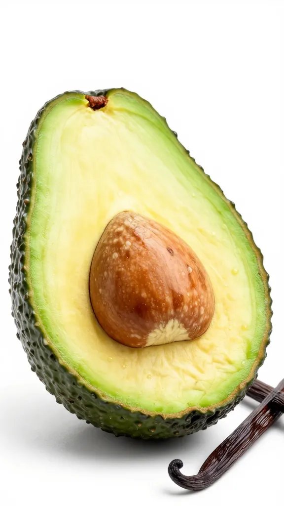 single ripe avocado half beside vanilla bean, studio closeup