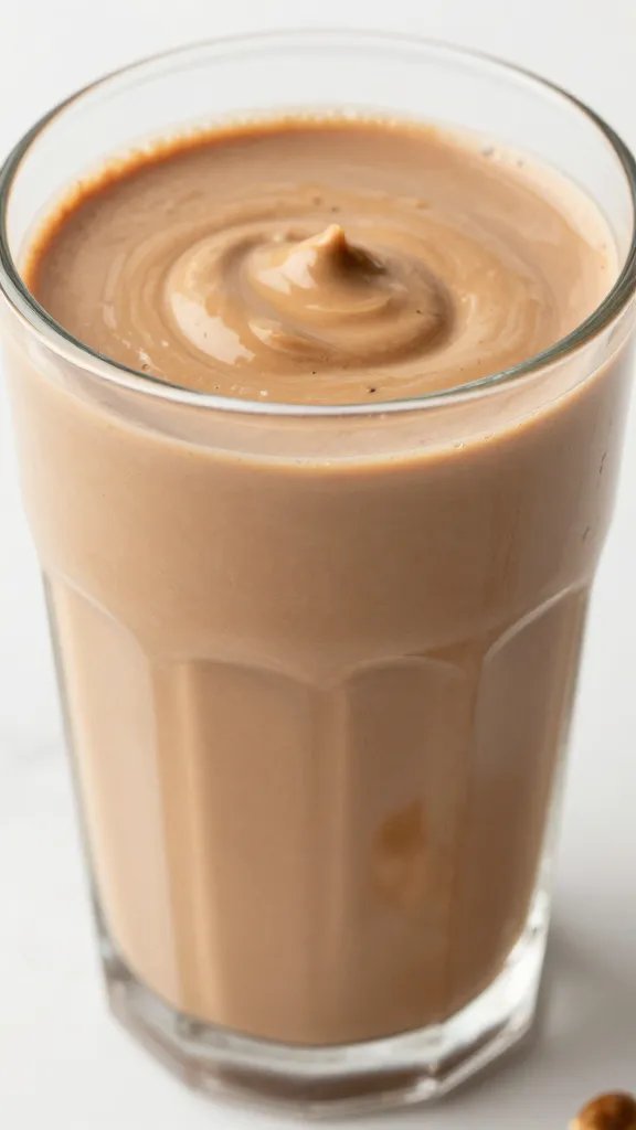 closeup peanut butter mocha keto smoothie in frosted glass