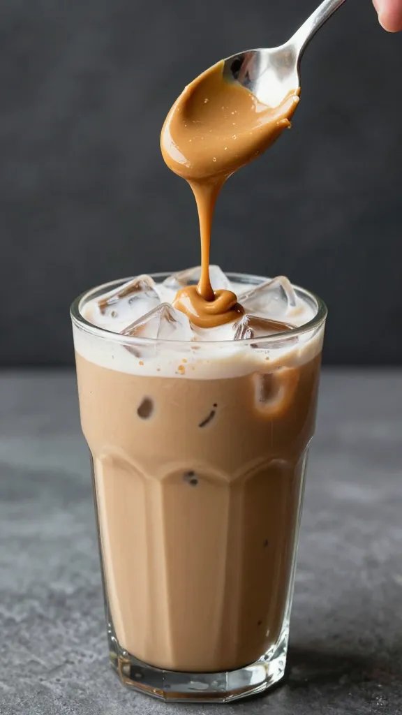 spoon dripping thick peanut butter over iced mocha smoothie