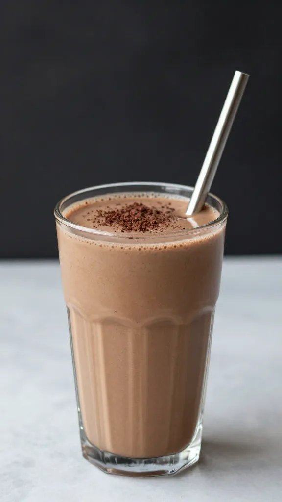 stainless straw in chocolate-dusted keto peanut butter smoothie