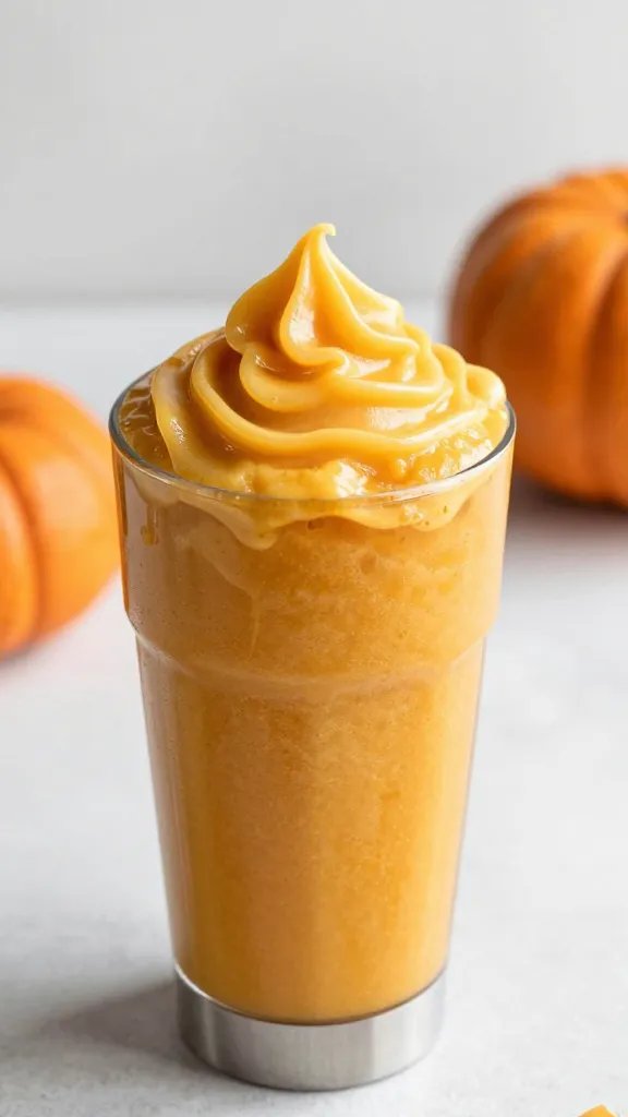 stainless blender cup with pumpkin smoothie, creamy swirl top